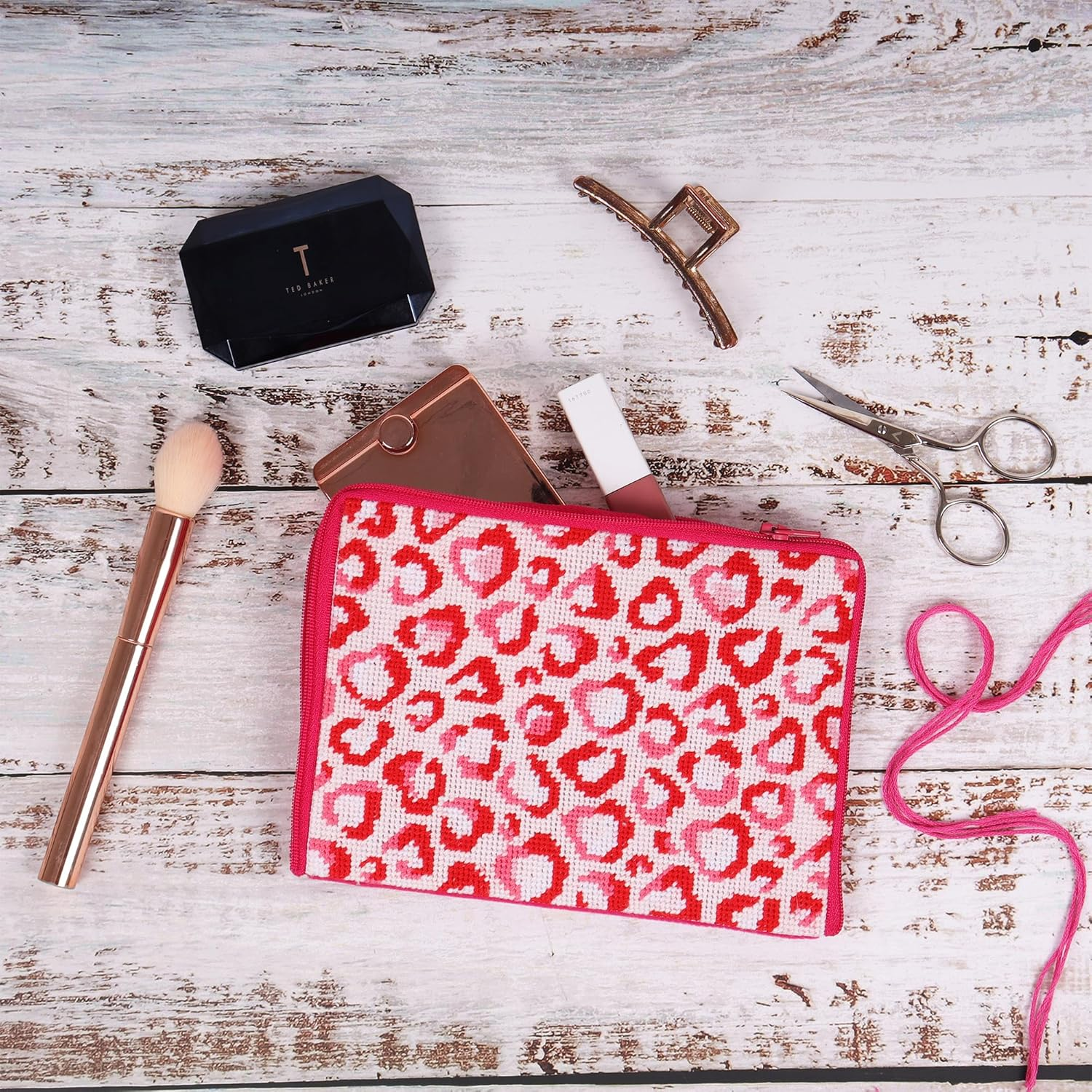 Trimits Stitch Your Own Make-Up Case Kit - Half Stitch, Tapestry, Cosmetics Bag, Pouch Includes Pre-Printed Case, Threads, Needle & Instructions, Love Leopard image number 3