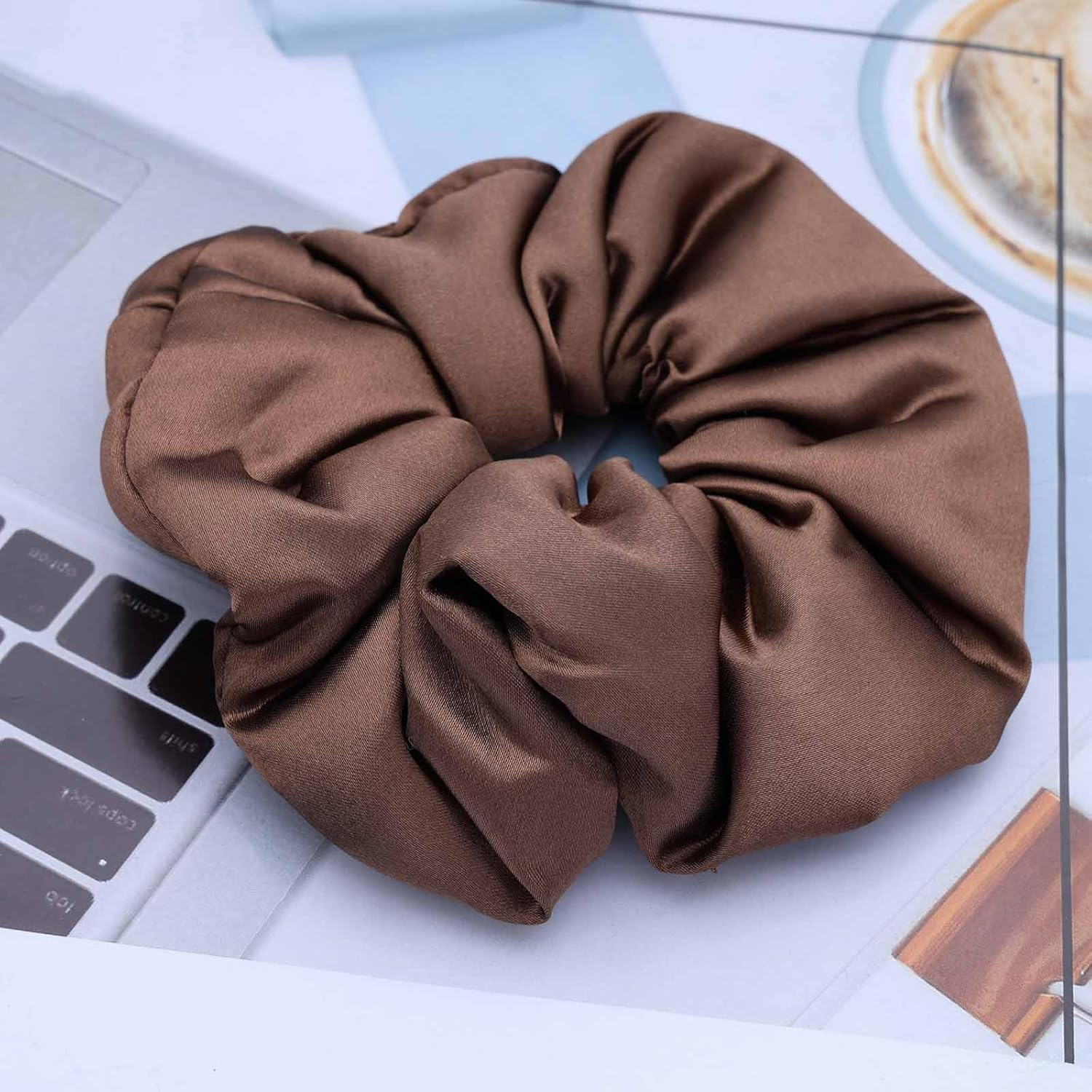 Inateannal Vintage Satin Silk Hair Bobbles Large Satin Elastic Hair Bobbles Brown Large Satin Hair Bobbles Scrunchy Oversized Thick Hair Bobbles Satin Ponytail Holder Hair Bands image number 4