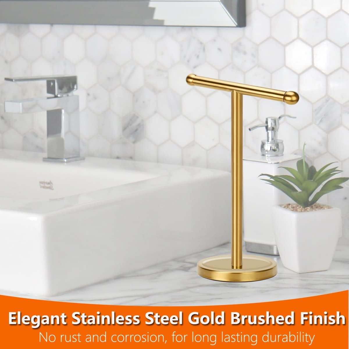 Gold Hand Towel Holder Stand with Heavy Stainless Steel Base, T-Shape Towel Rack, Free-Standing Towel Holder Countertop for Bathroom (Brushed Gold)