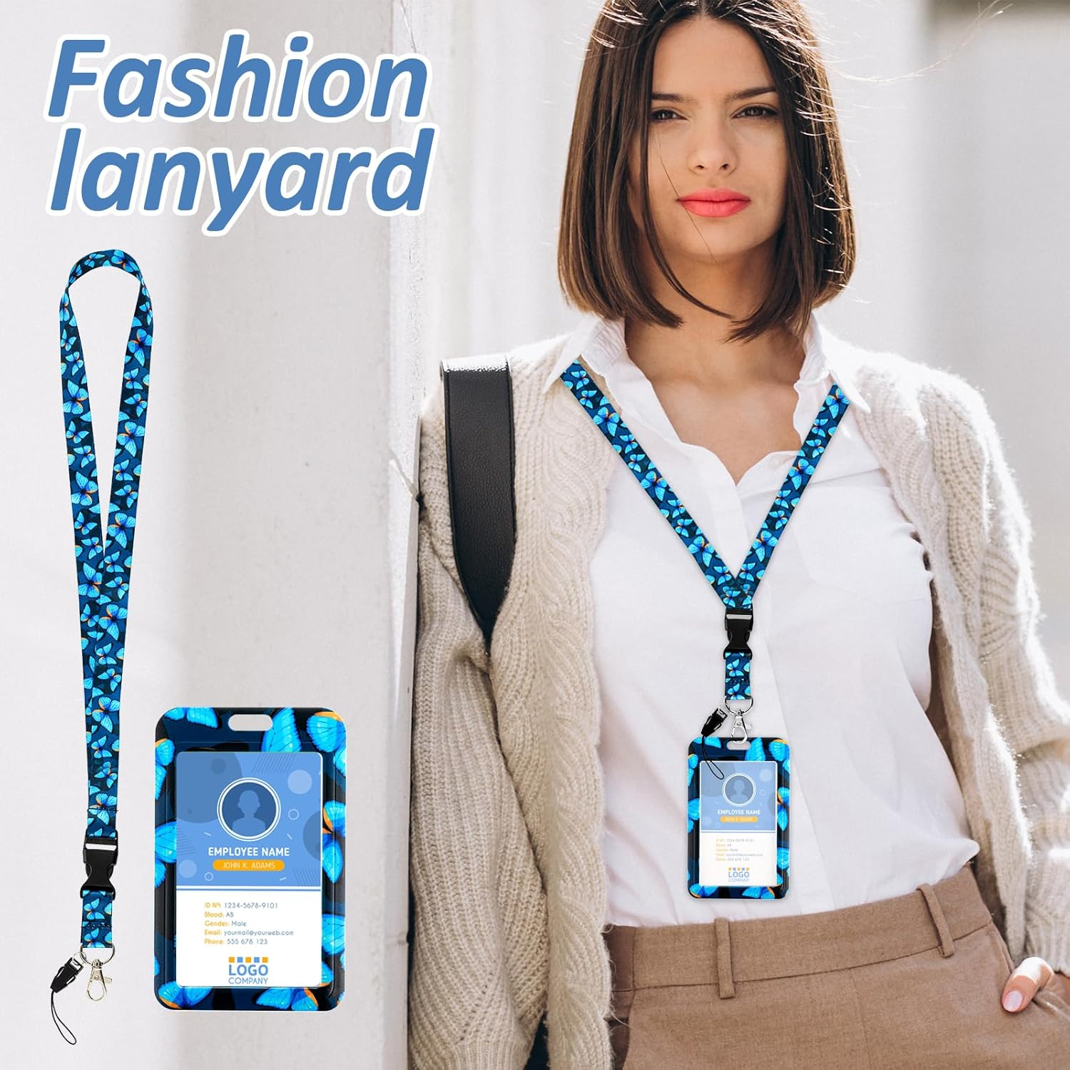 Amabro Butterfly Badge Holder with Lanyard, Retractable Badge Reel Clip Key Lanyard Cute ID Card Holder with Breakaway Lanyard Vertical ID Badge Holder Keychain for Women(Blue) image number 3
