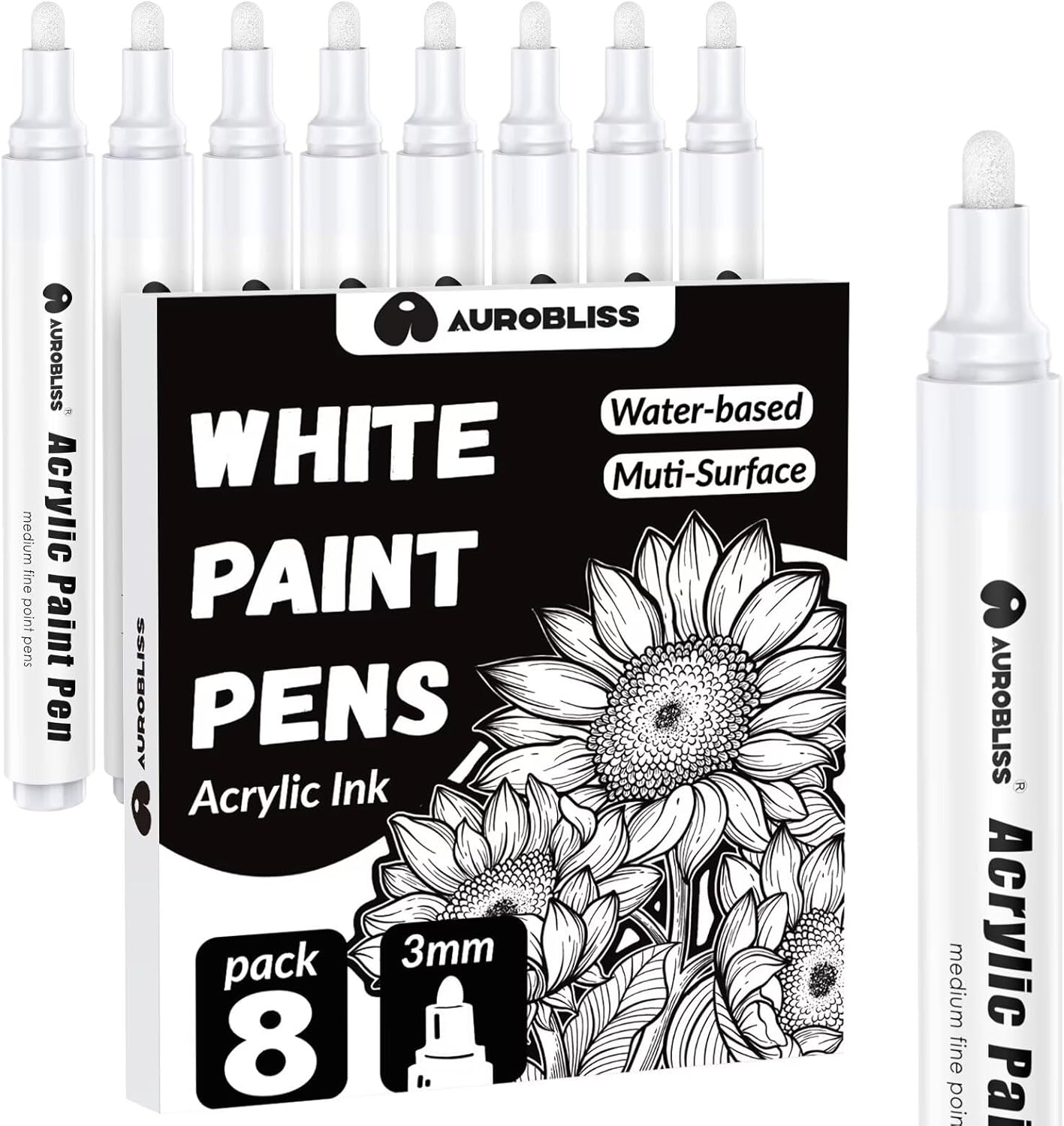 Aurobliss Acrylic Pens Black Pack of 8 Waterproof Pens for Wood, Canvas, Stones, Plastic, Clothing, Fabric - 2-3 Mm Thick Tip, Permanent Black Ink