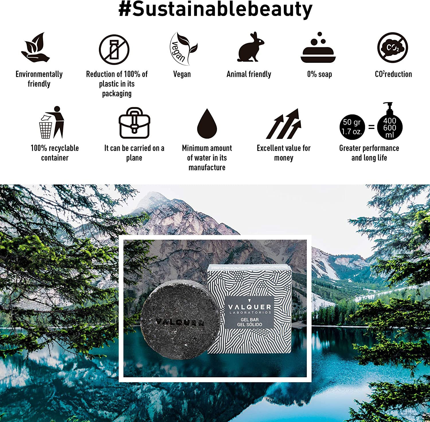 Valquer Gel Bar, Vegan, Soap-Free, Plastic-Free, Sulfate-Free, Ecological - 50 G (Active Carbon)