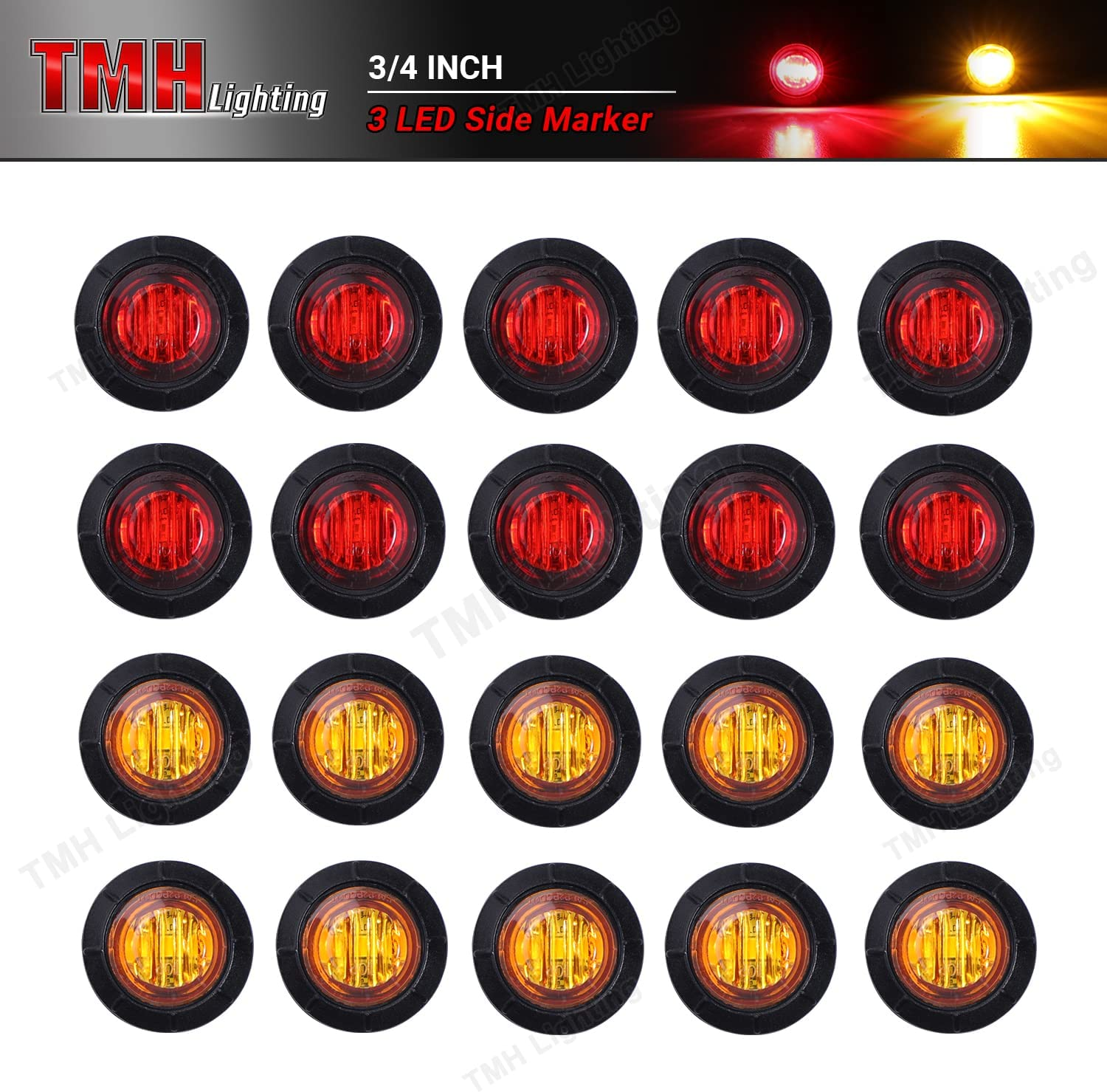 (Pack of 20) TMH 3/4" Inch Mount 10 Pcs Amber + 10 Pcs Red LED Clearance Bullet Marker Lights, Side LED Marker Lights for Trailer Truck RV Car Bus Van image number 5
