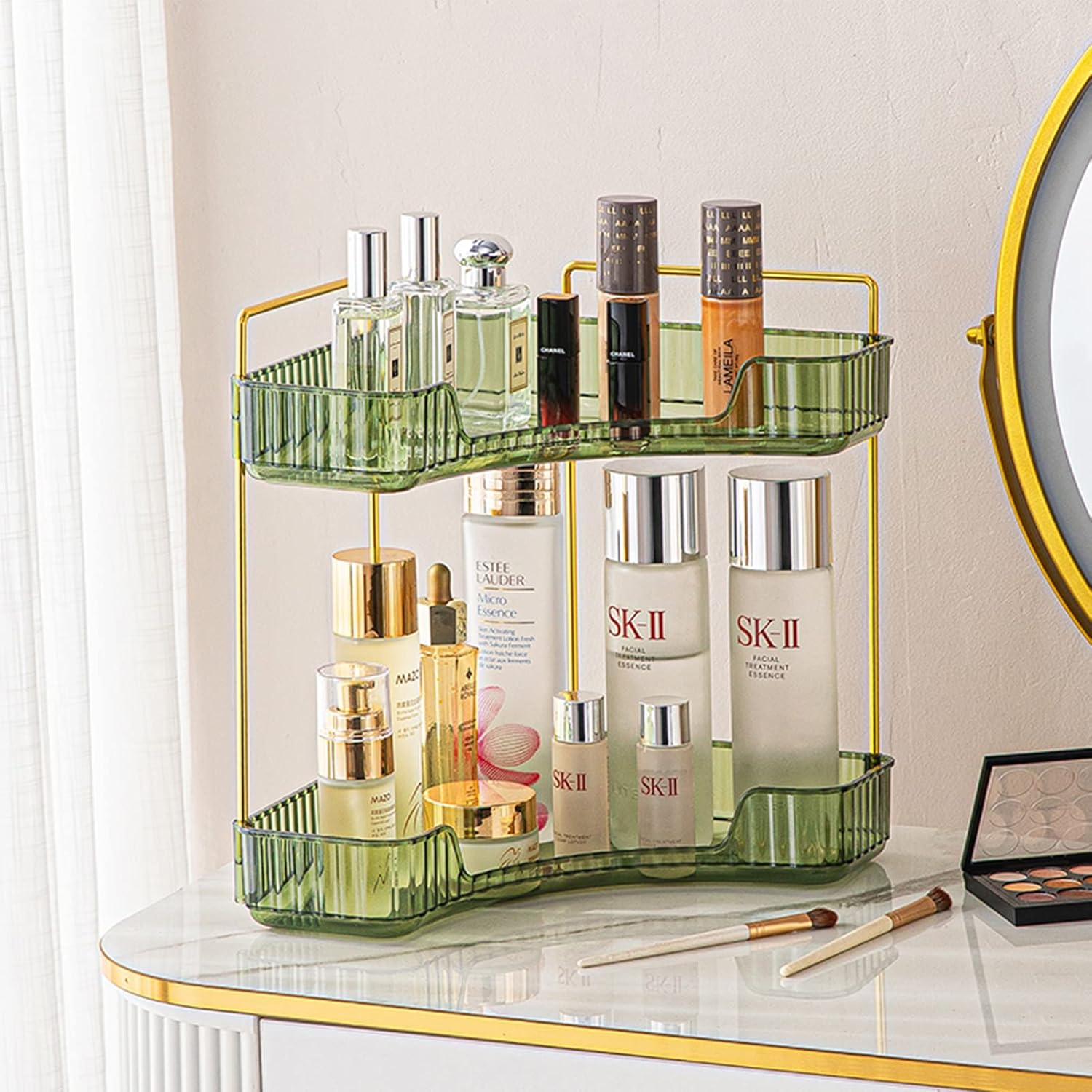 Shuangqing Shuang Qing 2-Tier Corner Bathroom Counter Organizer, Countertop Perfume Tray and Vanity Makeup Cosmetic Storage, Storage Organizers for Bathroom, Kitchen, Dresser (Green) image number 1