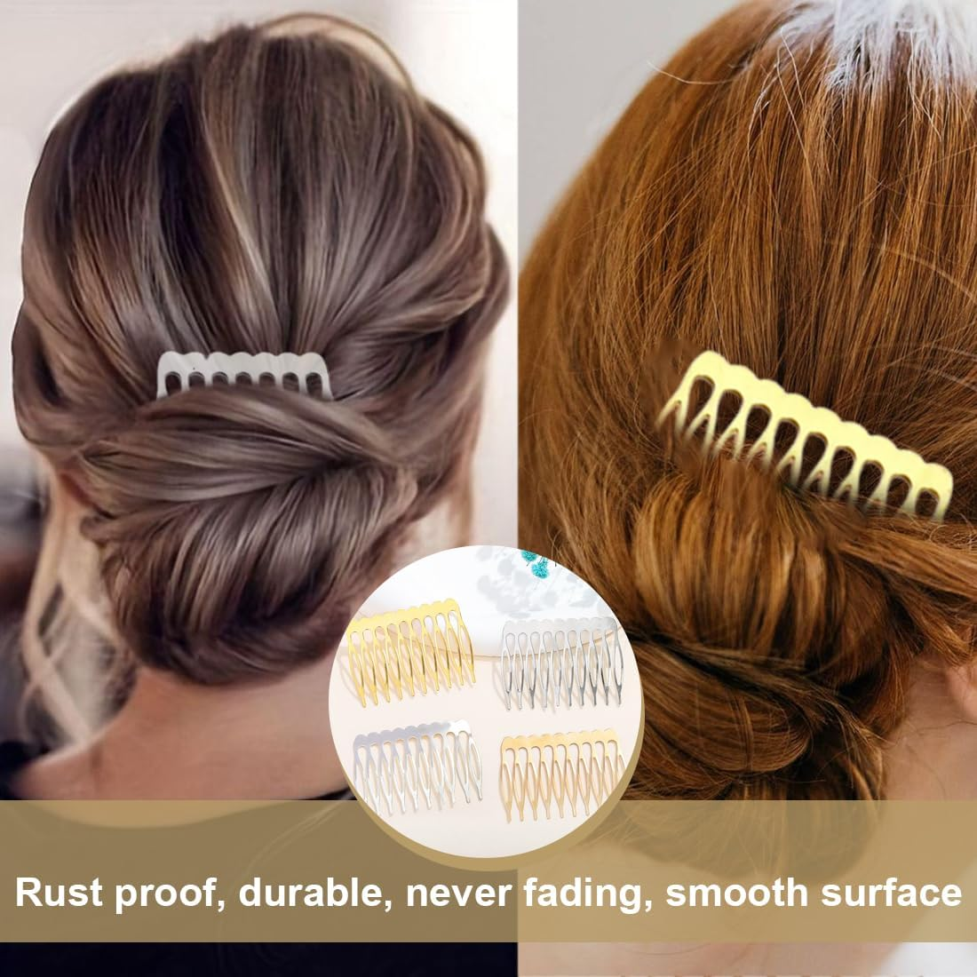 20 Metal Side Combs (10 & 6 Teeth) for Veil, French Women Side Combs with Teeth for Hair Accessories with Silver & Gold Bun Clip