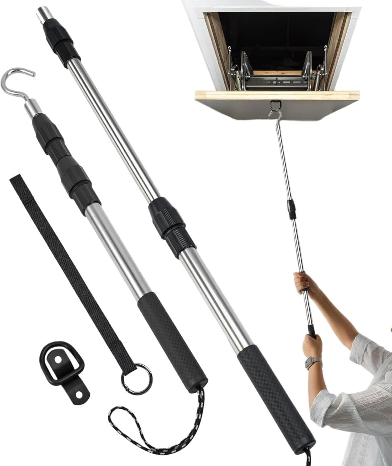 Attic Hook and Pull - Attic Pull down System Telescopic Handle - Adjustable Heavy Duty Ladders Release Tool for Canopy Cargo Garage Window Awning Curtains image number 2