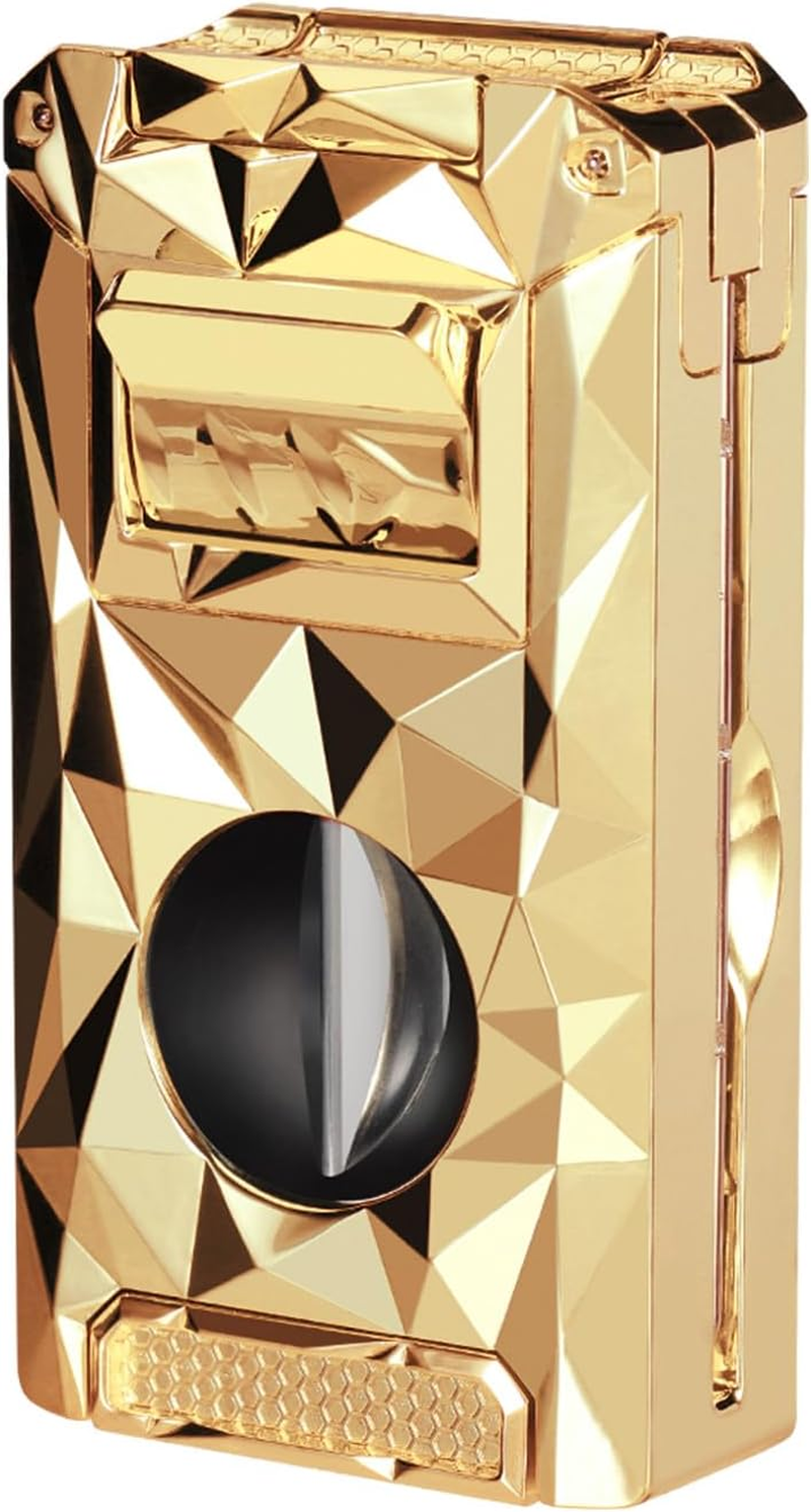 Torch Lighter with Windproof Jet Flame, Built-In V Cutter & Needle, Refillable Butane Gas Metal Lighter, Multifunctional All-In-One Pocket Lighters for Candles Men Gifts (Without Gas) (Black)