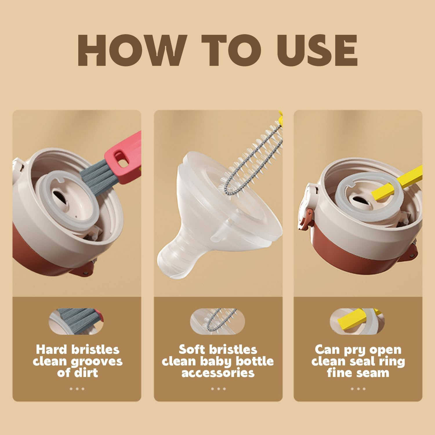 HRXFOZ 3 in 1 Cup Lid Cleaning Brush,Crevice Cleaning Brush for Bottle Gap Tight Spaces Cup,3 in 1 Multifunctional Cleaning Brush Portable Cup Lid Cleaner with Brush (3 PCS) - 3 Pcs image number 2