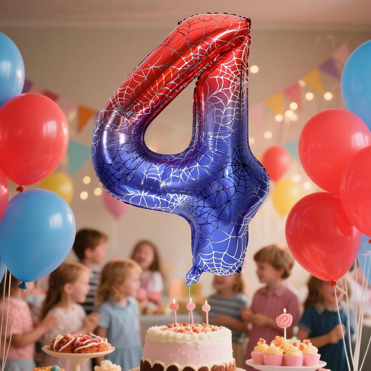 100Cm (40Inch) Spider Theme Printed Number Balloons,Ideal for Themed Events, and Halloween, Red Blue Foil Number Balloon for Birthday, Theme Party Supplies, Anniversary Decoration (Number 3)