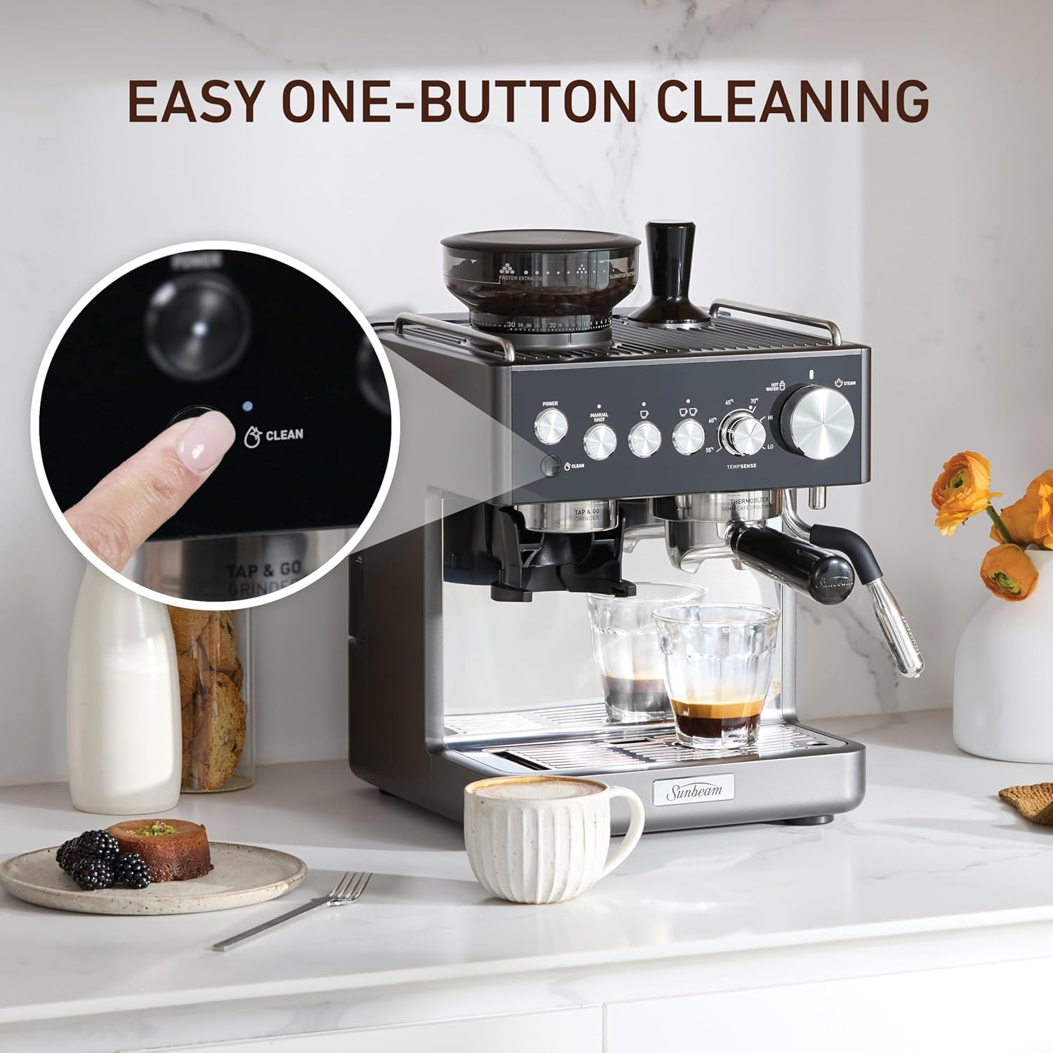 Sunbeam Origins Sense Espresso Machine | 4 Steam Settings with Tempsense Steam Auto Shut Off, Coffee Machine Anti-Static Technology for Less Mess Grinding, One-Button Cleaning, Graphite EMM6500GR image number 1