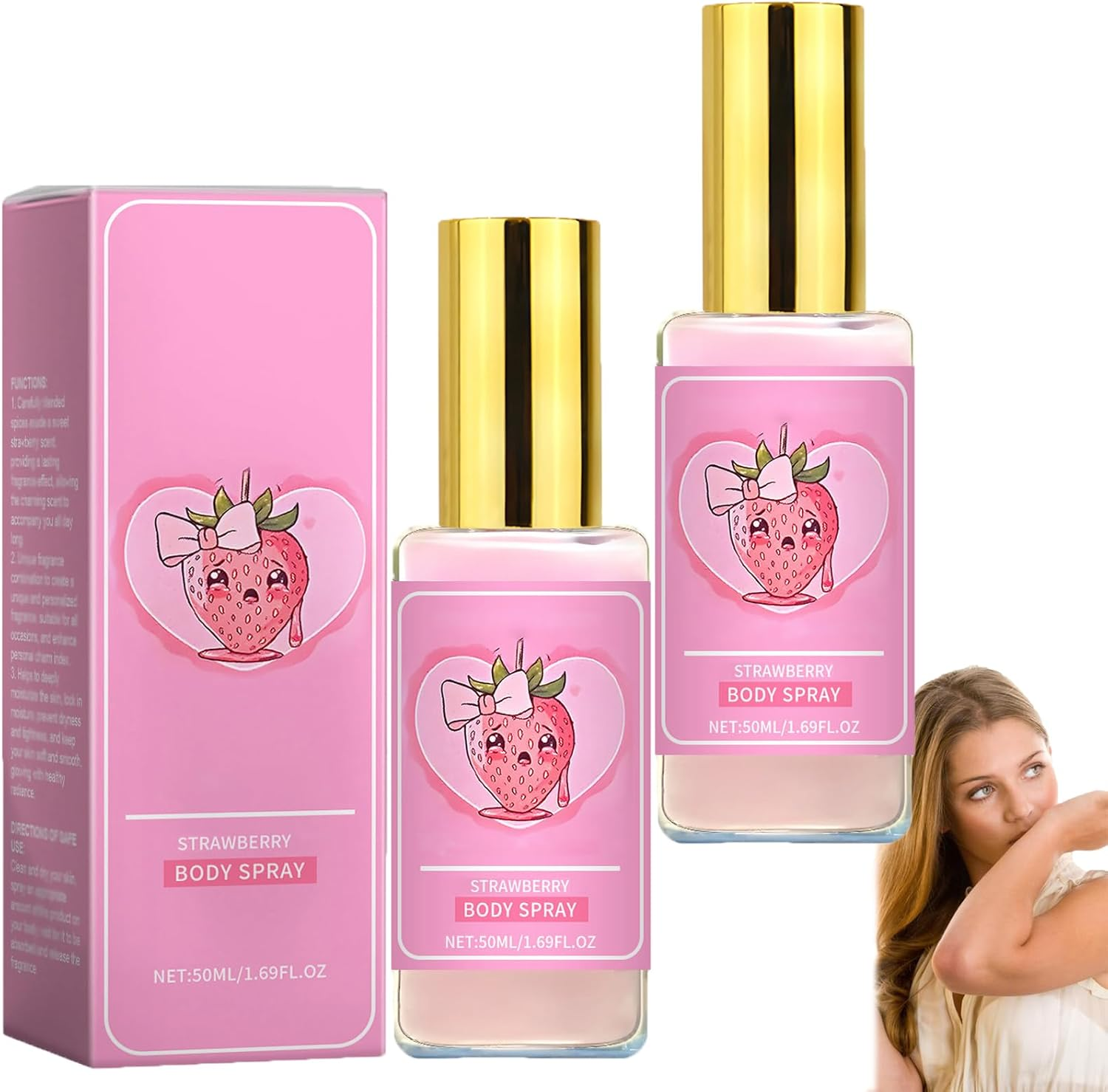 Pink Tears Strawberry Body Mist, Refresh Strawberry Body Milk Mist, Long-Lasting Fragrance Spray for Women, Nourishing Body & Hair with Refreshing Scent, Hydrating Lightweight (2Pcs)