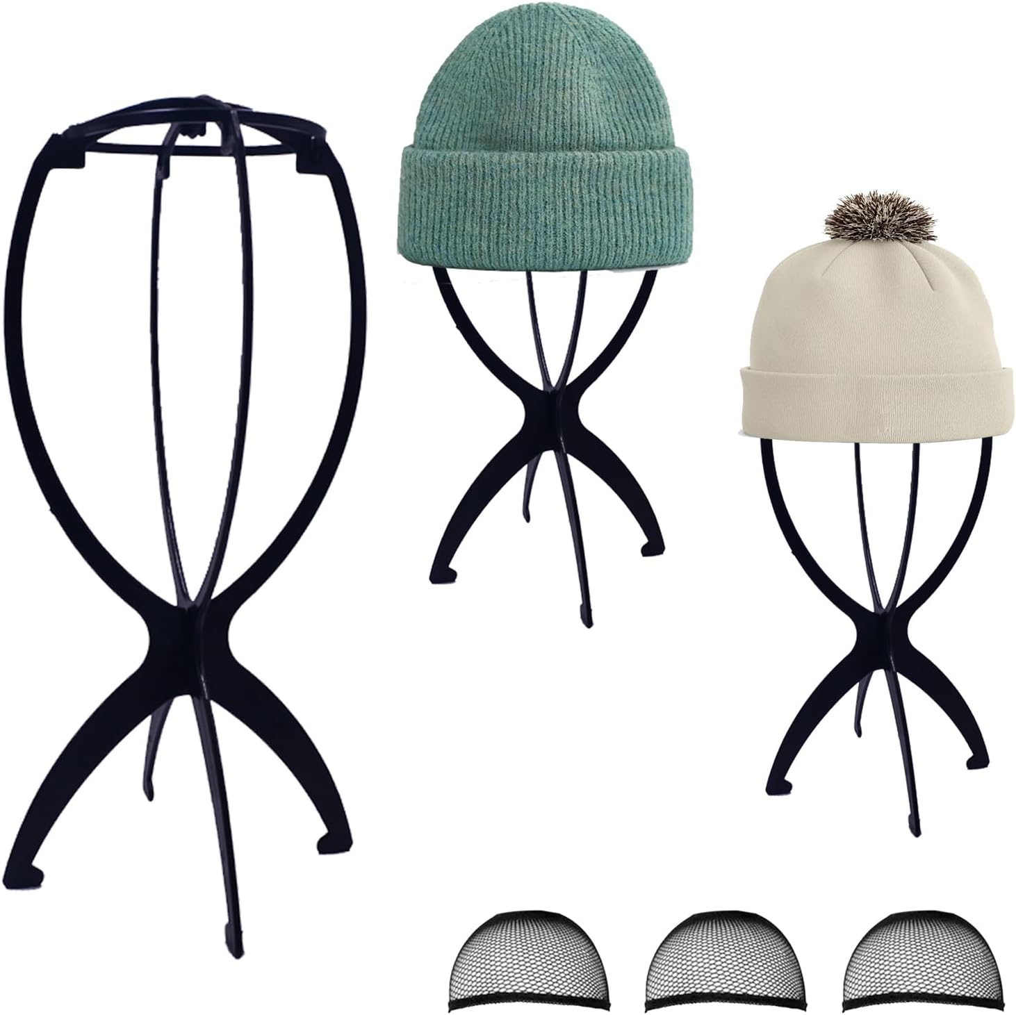 Youery 3 X Plastic Wig Stand, Wig Head, Wig Stand Set, Wig Hold, 3 Pieces Wig Net, 35 X 18 Cm, Black, Can Be Used for Hats and Wigs