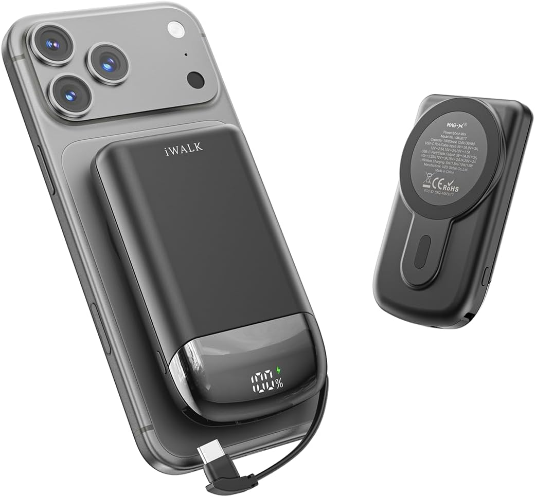 Iwalk 10,000Mah Magnetic Portable Charger, Wireless Mini Power Bank,40W Max Fast Charging Battery Pack with Built-In USB-C Cable Compatible with Iphone 16/15 Series, Airpods, Samsung S25 Series,Black image number 6