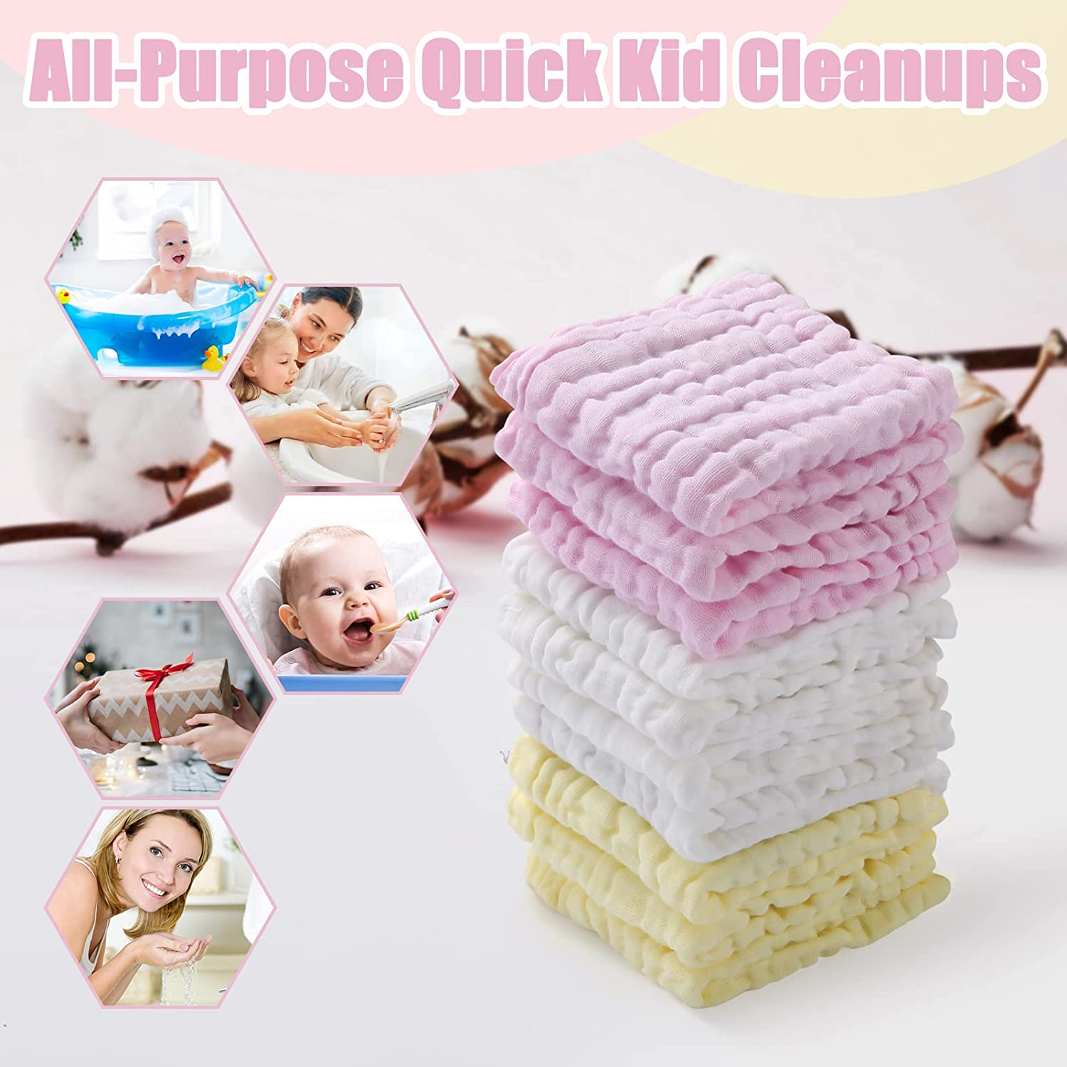 MUKIN Baby Washcloths - Natural Cotton Baby Wipes - Soft Newborn Baby Face Towel for Sensitive Skin- Baby Registry as Shower, 10 Pack 12X12 Inches (Pink,Yellow,White)