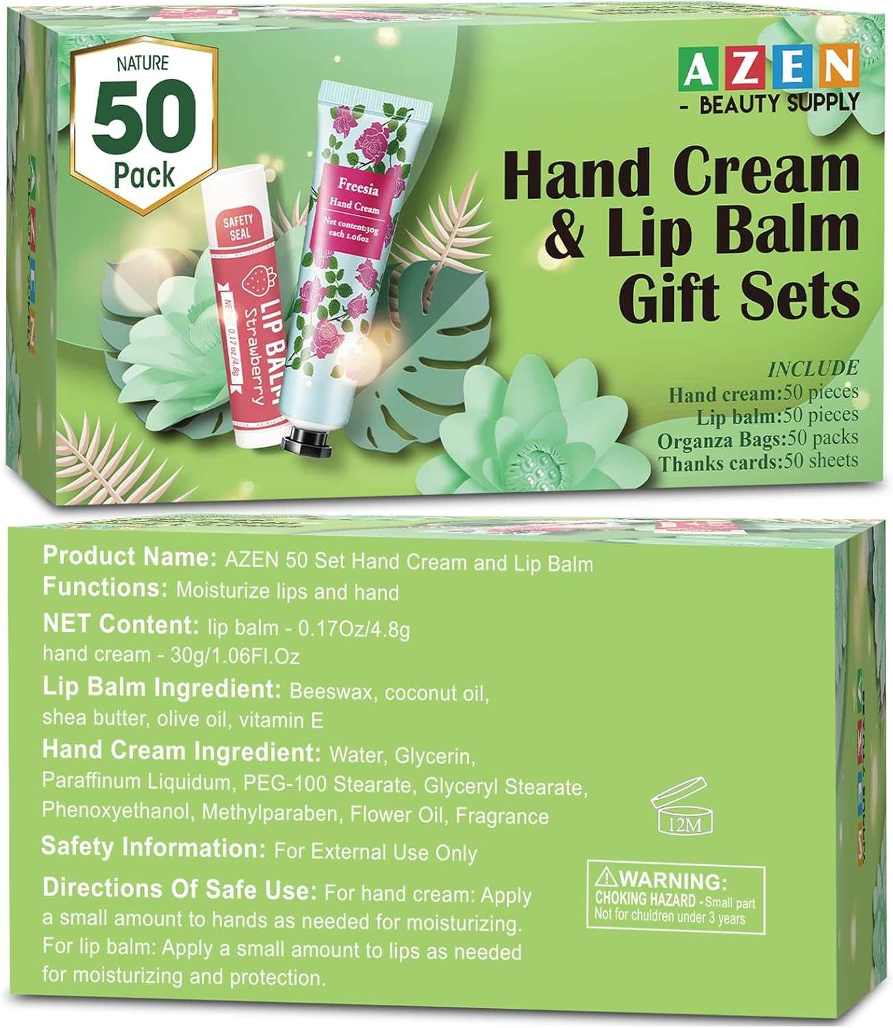 AZEN 50 Sets Hand Cream and Lip Balm Set with Organza Bag Thank You Card, Baby Shower Wedding Gifts for Guests, Bridal Souvenirs for Colleagues Employee Coworkers, Party Favor for Female Friends - A-24 image number 5