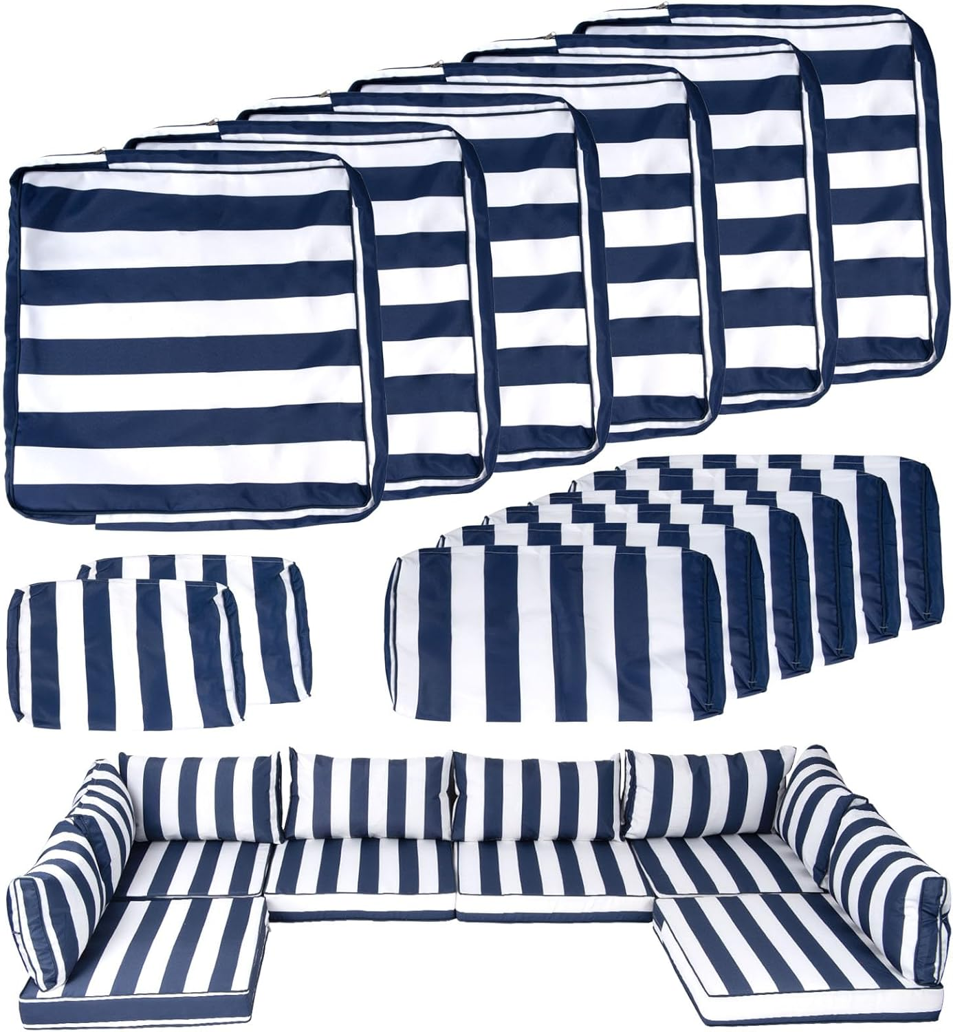 14 Piece Outdoor Patio Cushion Covers Replacement, Waterproof Outdoor Furniture Cushion Covers, Fit 7 Pcs 6 Seater Wicker Rattan Patio Conversation Sofa Set, Black & White Stripes(Only Cover)