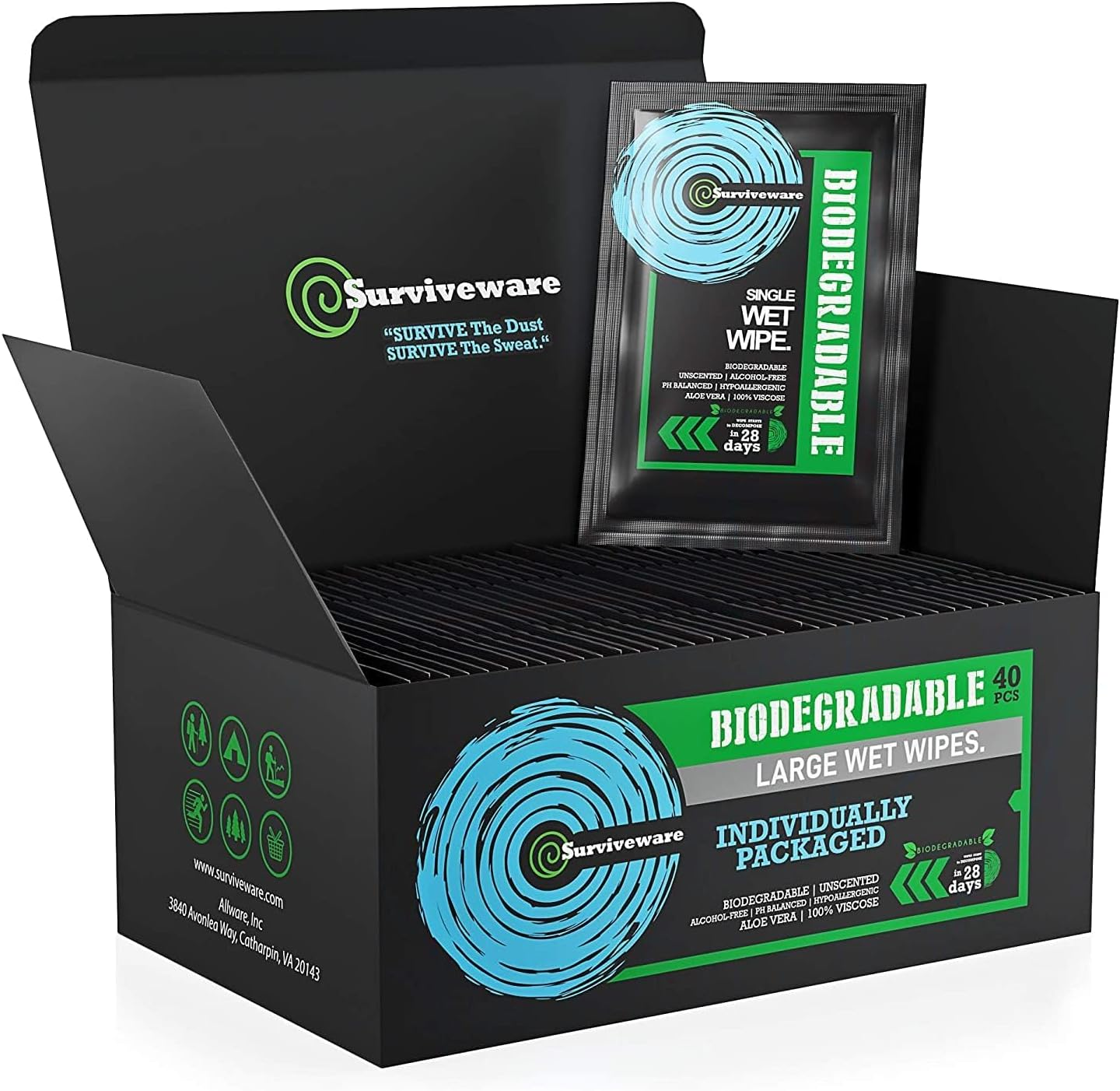 Surviveware Biodegradable Wet Wipes 40 Individually Wrapped Wipes - for Post Workouts, Travel, Bath, and No-Rinse Showers