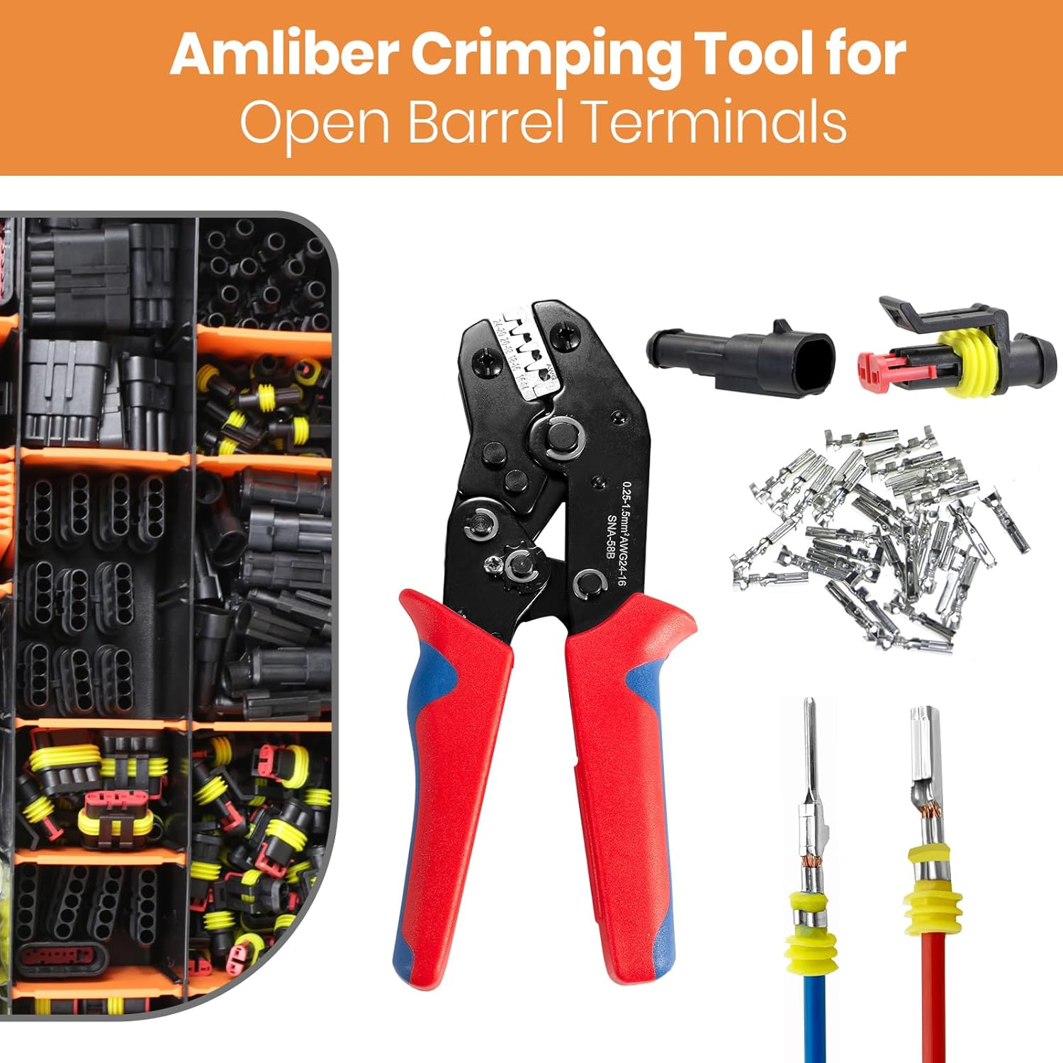 Wire Crimping Tool with Ratchet, Amliber Ratchet Wire Crimper Tool for Open Barrel Terminal Connectors, Electrical Crimping Tool for Molex Style Deutsch DELPHI AMP Dupont TYCO Terminals, 24-14 AWG image number 6