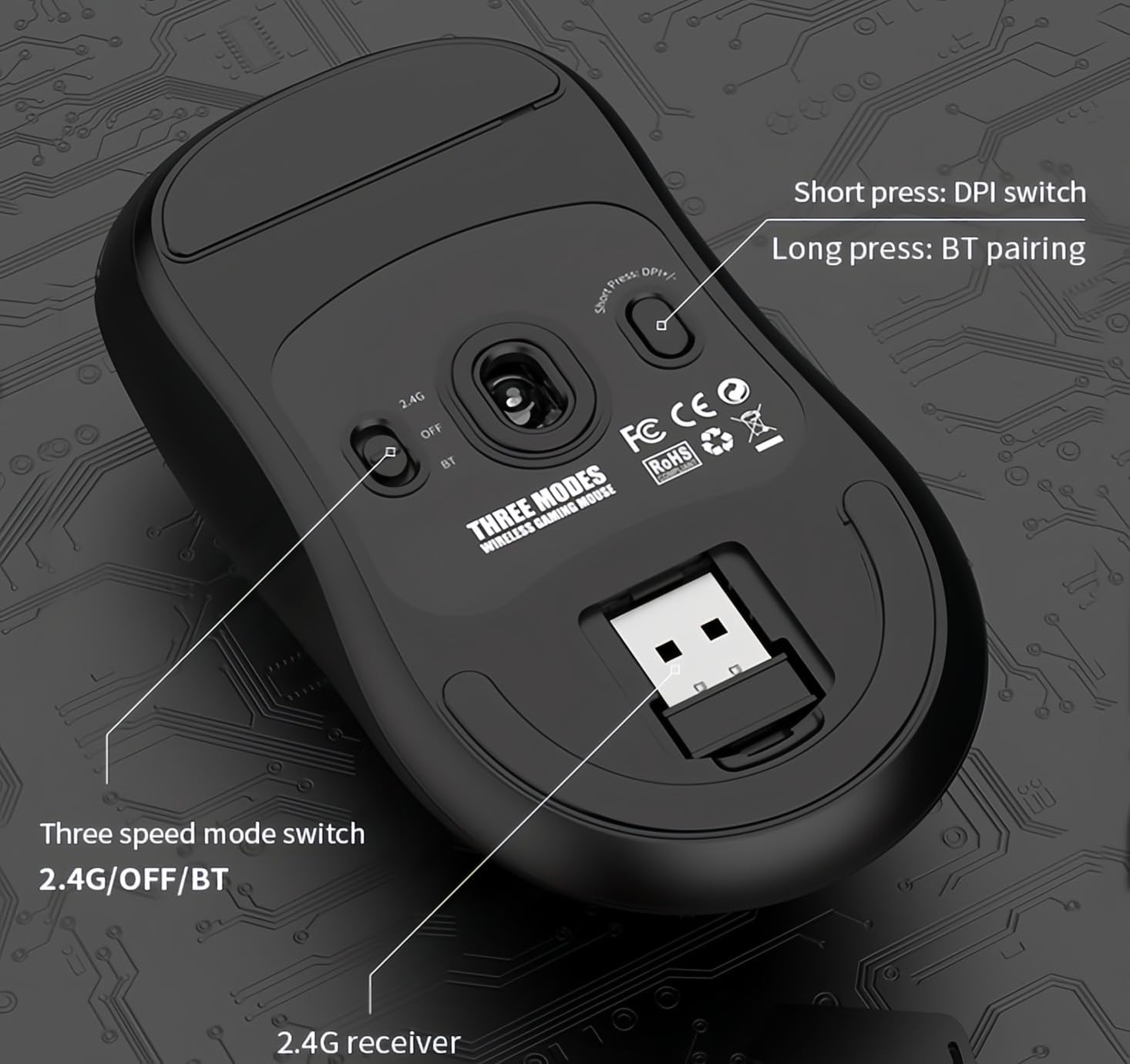 Lancoon Wireless Gaming Mouse with 12000 DPI Adjustable PU Sticker PAW-3311 Sensor 2.4G Tri-Mode Lightweight Rechargeable Long Lasting for Laptop Computer Office Home - White image number 7