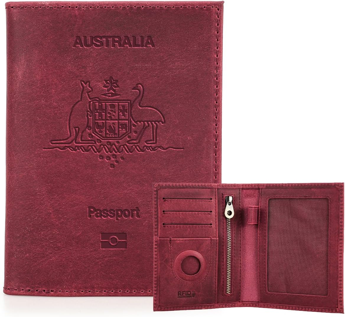 Contacts Full Grain Leather Passport Holder for Women RFID Blocking Travel Passport Wallet Slim Compatible with Airtag Passport Case with Coin Pocket, 4 Card Slot (Badge, Red) image number 6