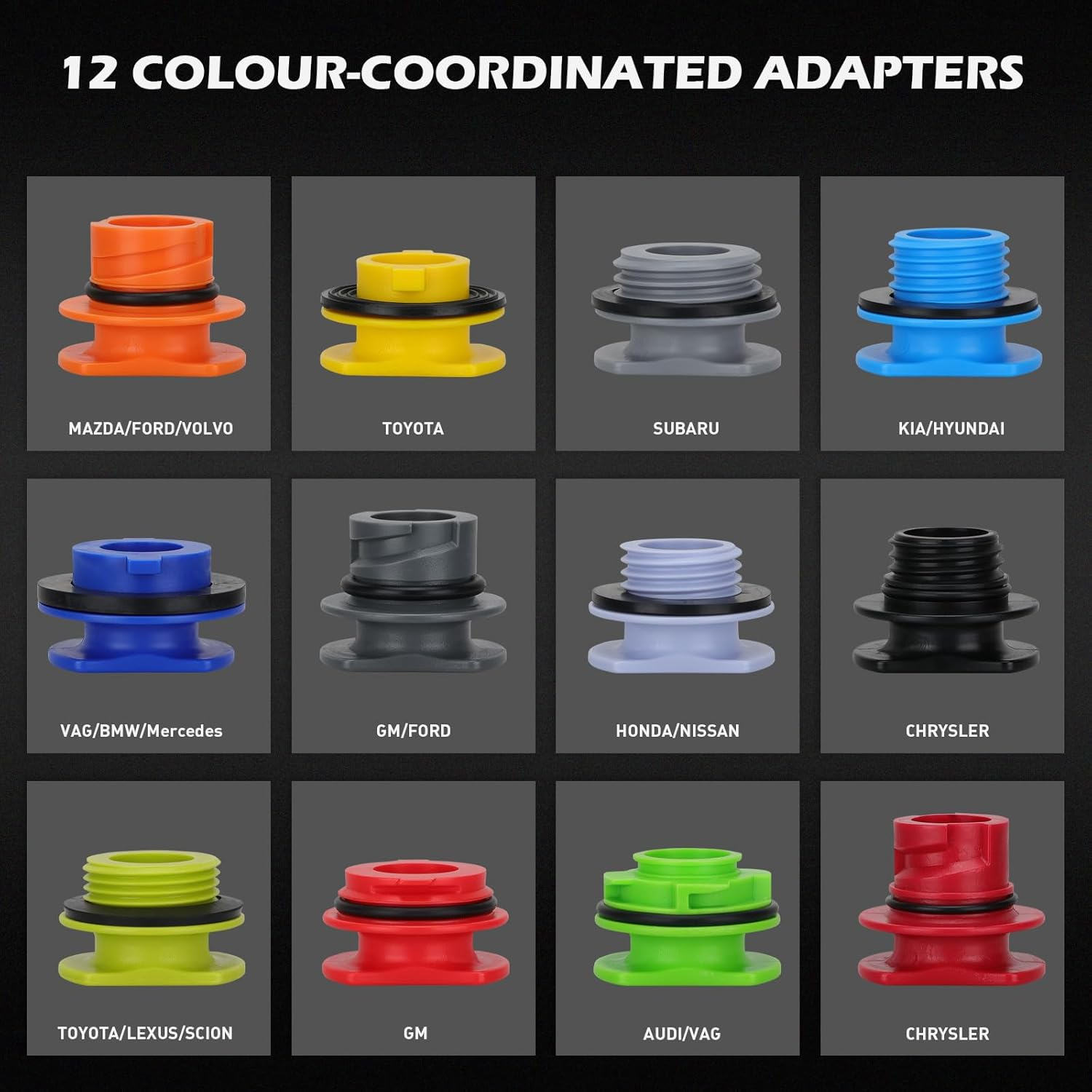 17-Piece Engine Oil Funnel Set, 1.36 Qt Automotive Oil Funnel Kit with 12 Adapters, Elbow Fitting, Arrow Screen and Magnetic Storage Hooks Tray, Compatible with GM, Ford, BMW, Audi, Land Rover Etc image number 5