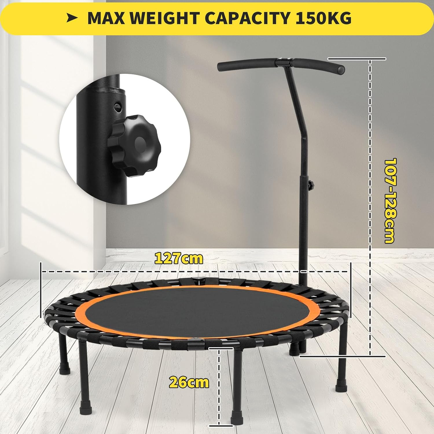 ADVWIN 50 Inch Rebounder Trampoline Fitness Mini Trampolines with T-Shaped Handle for Adults and Kids Indoor/Outdoor Workout Max Load 150KG Yellow/Orange - Yellow image number 2