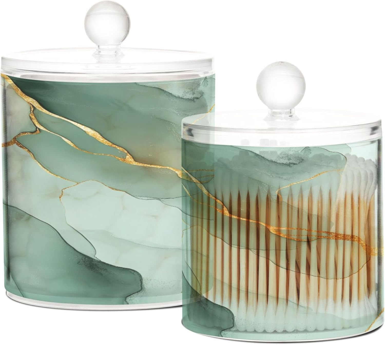 Marble White Sage Green Clear Plastic Makeup Organizer Storage with Lid Dresser Essentials Decorative Storage Bins for Floss Picks,Paper Clips,2 Pack - Color 11 image number 4