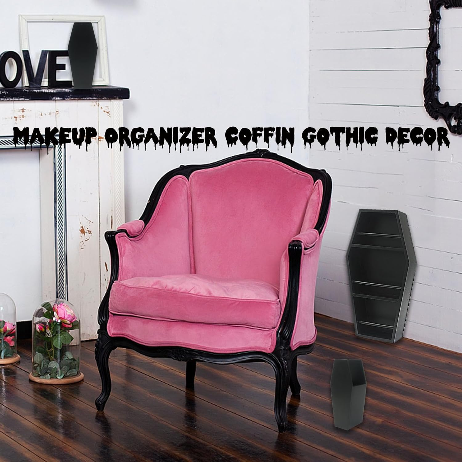 16In Makeup Coffin Shelf with 2 Coffin Brush Holder, Wooden Goth Decor for Display, Makeup Organizer Spooky Coffin Gothic Decor for Lipstick, Nail Polish or Makeup Brushes /34 image number 5