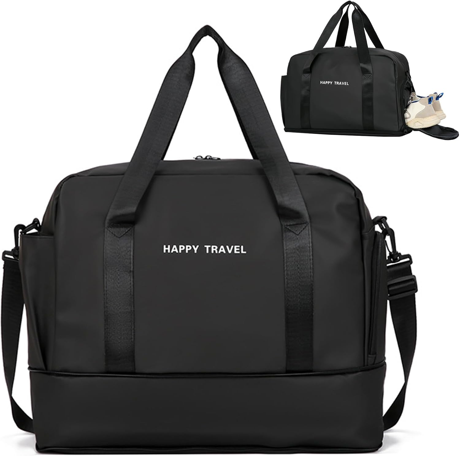 Expandable Travel Duffel Bag for Women Men, Overnight Weekender Bag with Shoes Compartment, Shoulder Large Carry on Bag or Gym Tote Bag for Sports Travel Hospital, Black image number 3