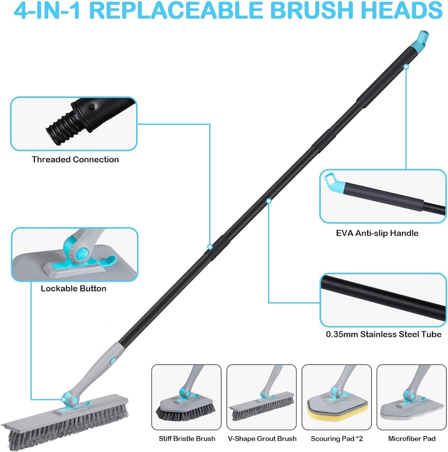 5-In-1 Shower Cleaning Brush, 180 &deg; Rotatable Long Handle Shower Cleaning Tool, Used for Cleaning Shower Bathtub Tiles, Walls, and Floors image number 6