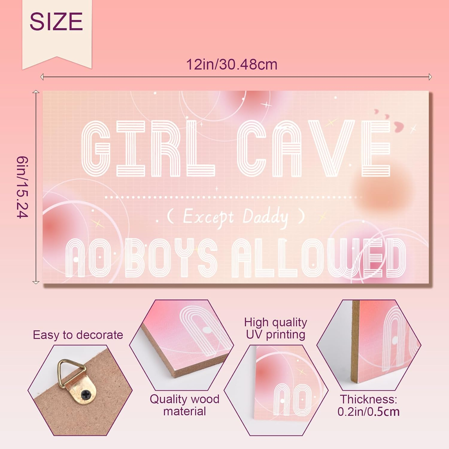 DUMING-IN Girl Cave Sign, 12"X6" Cute and Funny Girl Cave Hanging Wooden Door Sign Wall Decor, Kids Room Signs for Door, No Boys Allowed Sign, Room Decor for Teen Girls (Pink) image number 3