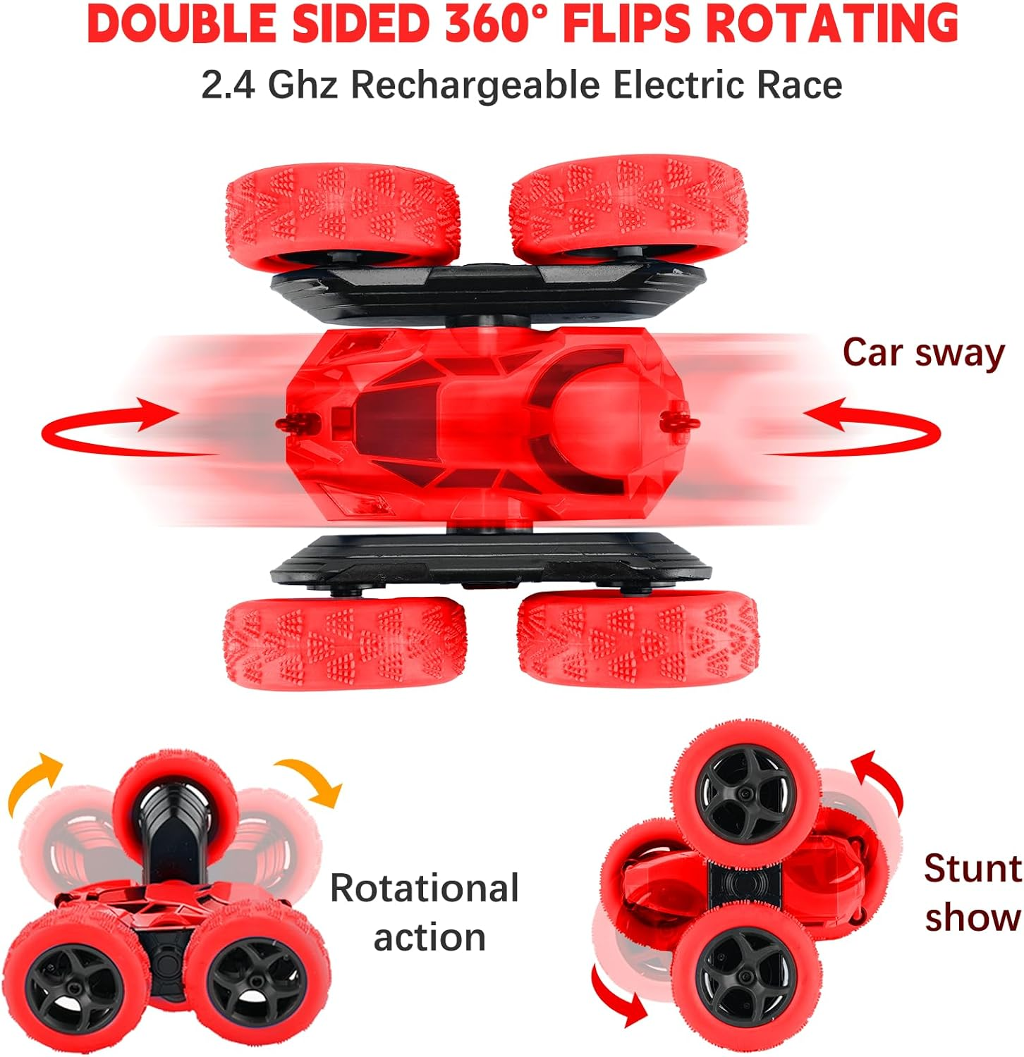 Remote Control Car for Kids Ages 6+, RC Cars Stunt Car Toy 4WD Double Sided 360&deg; Rotating， 2.4Ghz Remote Control with Headlights, Drift RC Race Car Birthday Gifts for Boys 6 7 8 9 10 11 12 (Red) image number 3