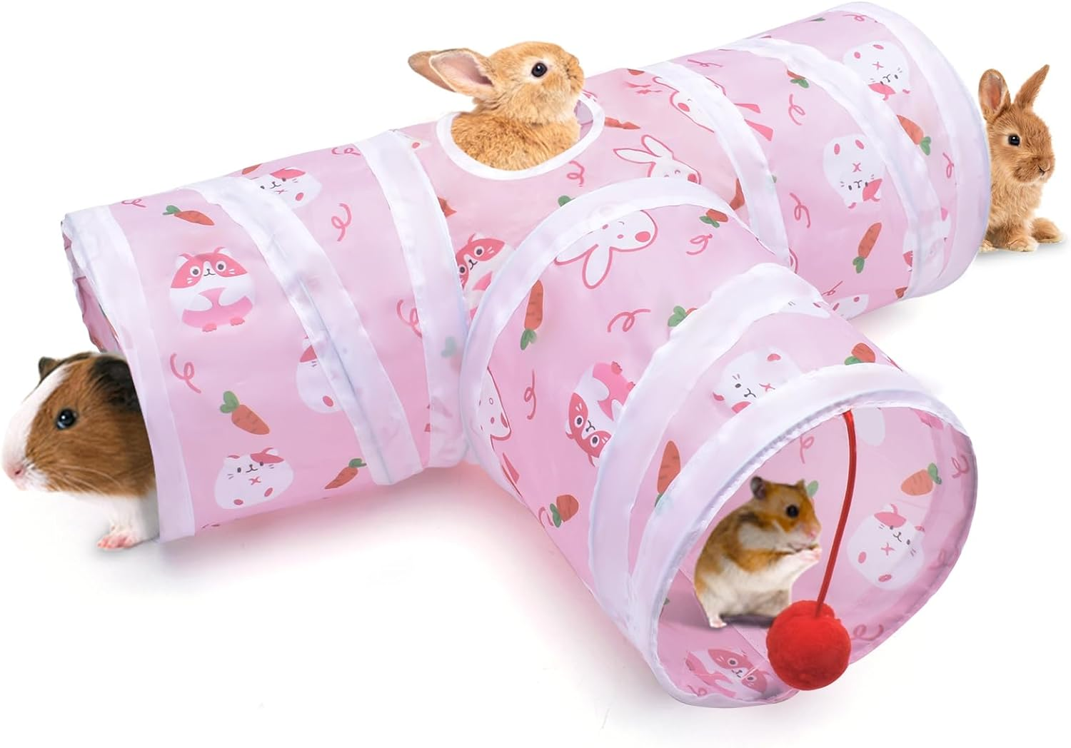Bissap Rabbit Tunnel, Collapsible Bunny Tunnel and Tube 3 Ways Pet Hideout with 1 Play Ball for Indoor Kittens Dwarf Rabbits Bunnies Guinea Pigs Chinchillas Small Animal Activity Fun Toys (Pink) image number 4