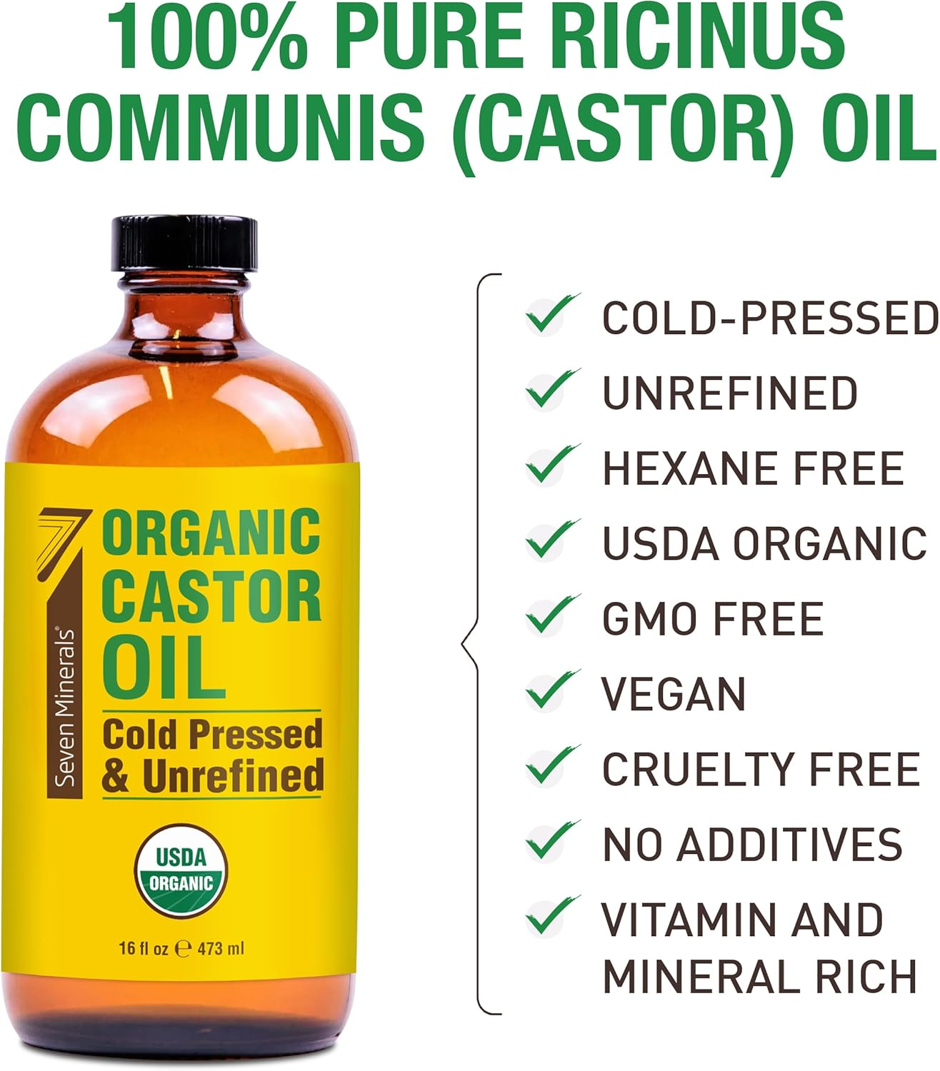 Seven Minerals NEW 16 Fl Oz Glass Bottle Castor Oil Organic Cold Pressed Unrefined Glass Bottle Pack - 100% Pure USDA Certified Organic Hexane Free image number 4