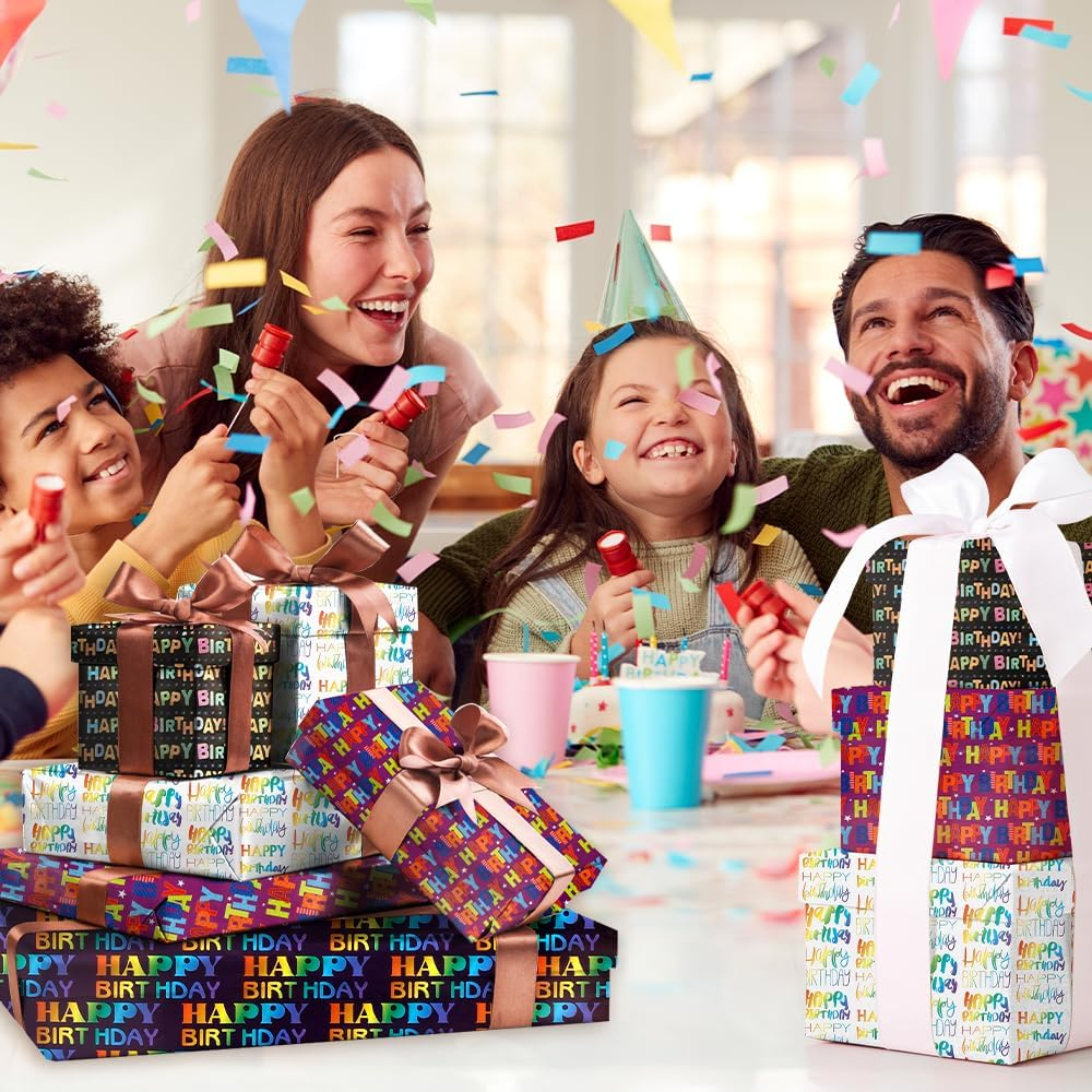 Amazonbasics Birthday Wrapping Paper 12 Sheets 20 X 27 Inches Multicolor Foil Funny Gift Wrapping Paper image number 3