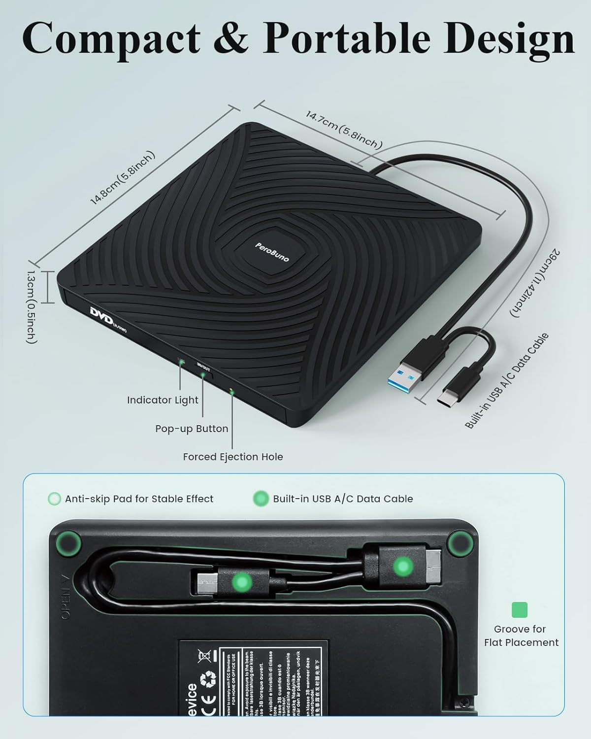 Perobuno External CD DVD Drive, USB 3.0 Type-C Optical Drive, 0.5-Inch Ultra-Slim Portable DVD CD ROM Disc Player Reader Writer Rewriter Burner Recorder for Laptop PC Macbook Windows Linux Mac OS image number 3