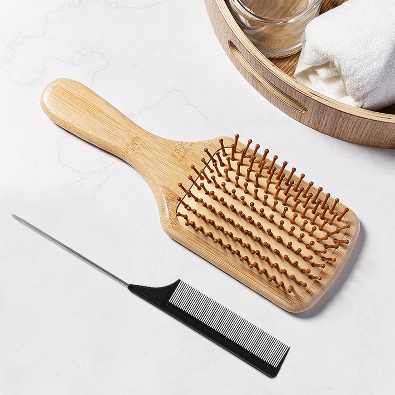 1 X Natural Wooden Bamboo Hair Brush with 1 X Tail Hair Comb, Anti-Static Smoothing Curly Hair Brush, Air Cushion Massage Brush, Flat Hair Brush for Men, Women, Children Hair Growth