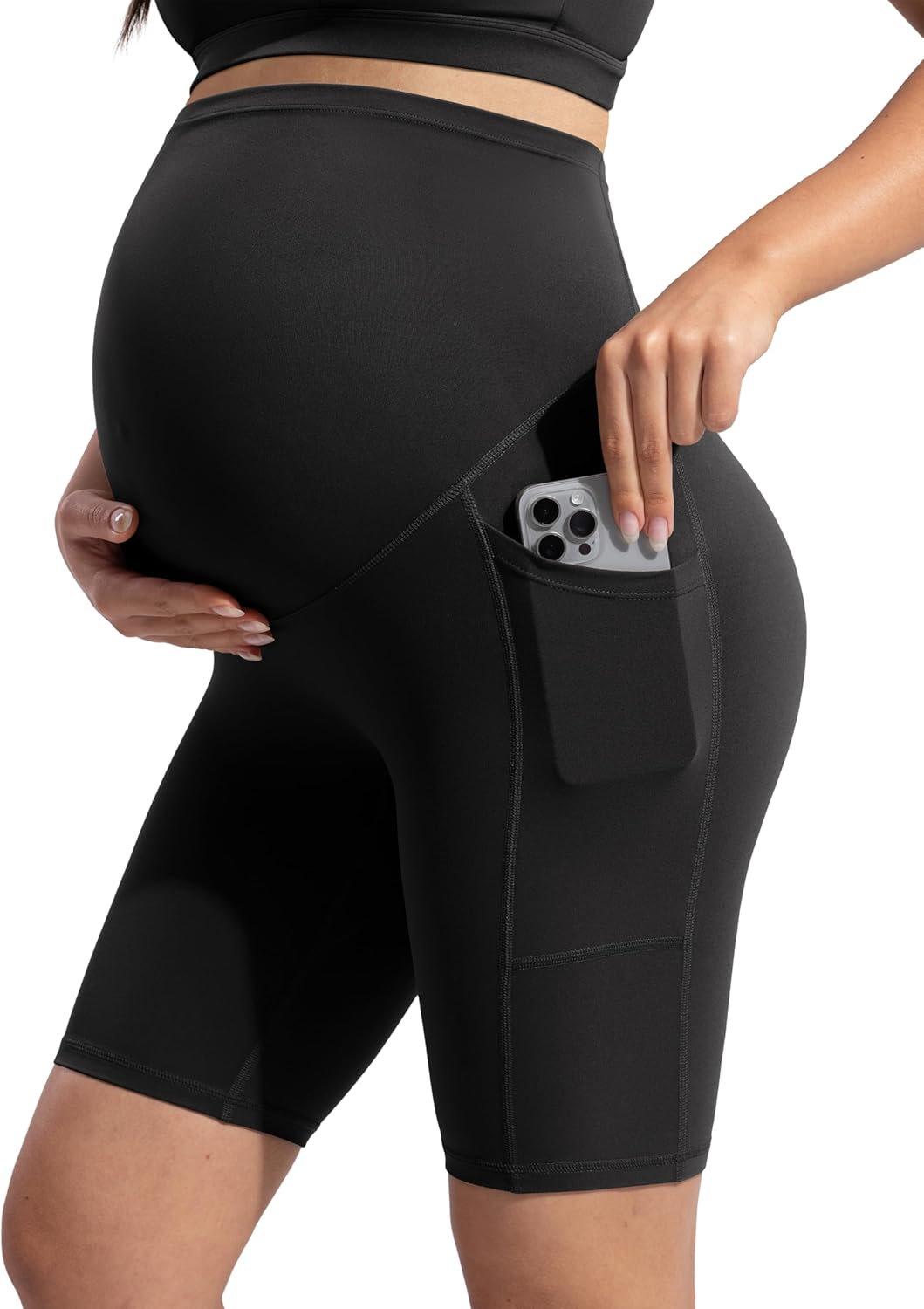 POSHDIVAH Women'S Creamluxe Maternity Biker Shorts over the Belly with Pockets - 6"/8" Summer Pregnancy Yoga Workout Short