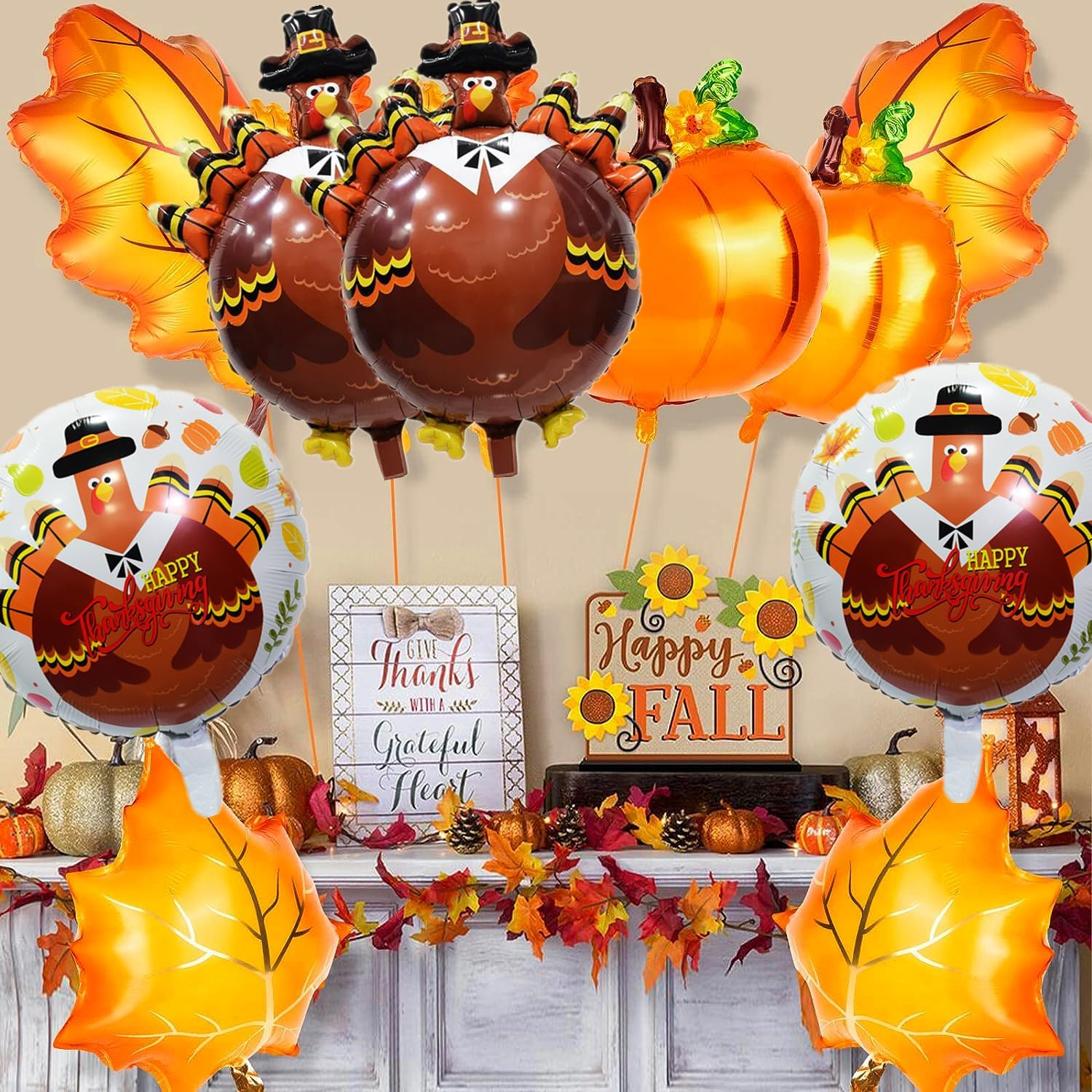 Happy Thanksgiving Mylar Balloons - Big Turkey, Maple Leaves, Pumpkin Balloons for Fall Decorations (Turkey Pack-12Pcs)