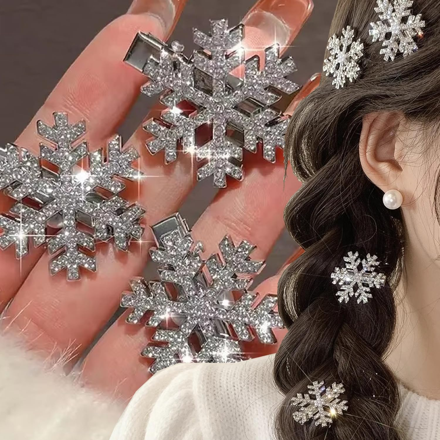 Snowflake Hair Clips Sparkly Rhinestone Hair Barrettes 3 Styles Cute Autumn Winter Broken Hair Bangs Silver Metal Accessories for Women Shiny Snowflakes Hairpins Christmas Hair Xmas Party Gifts image number 1