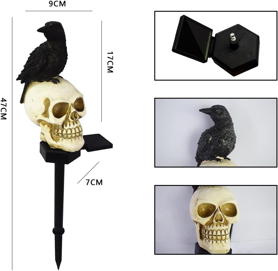 YZYOE 2 Packs of LED Solar Crow Skull Lights, Halloween Outdoor Atmosphere Decoration Lamp, and Cute Resin Crow Skull Courtyard Landscape Lights. image number 3