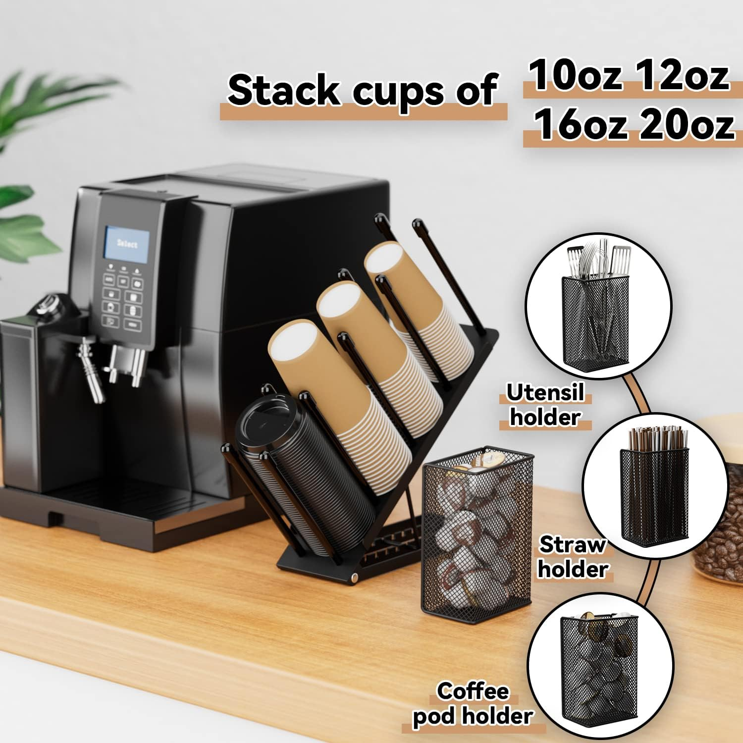 Ovicar Cup and Lid Holder - Adjustable Coffee Cup Holder Organizer 4 Compartment Disposable Cup Dispenser with Mesh Basket for Coffee Pod Straw Storage Metal (Black) - Black image number 5