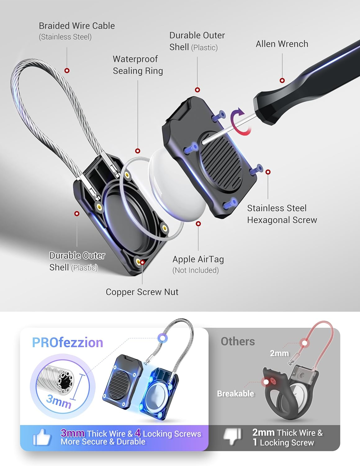 Profezzion Secure Airtag Holder with Metal Wire Cable for Luggage, IPX8 Waterproof Hard Shell Hidden Air Tag Case with Allen Key Locking System for Travel Suitcase, Backpacks, Keys, Pets & More - 2Pcs Black image number 5