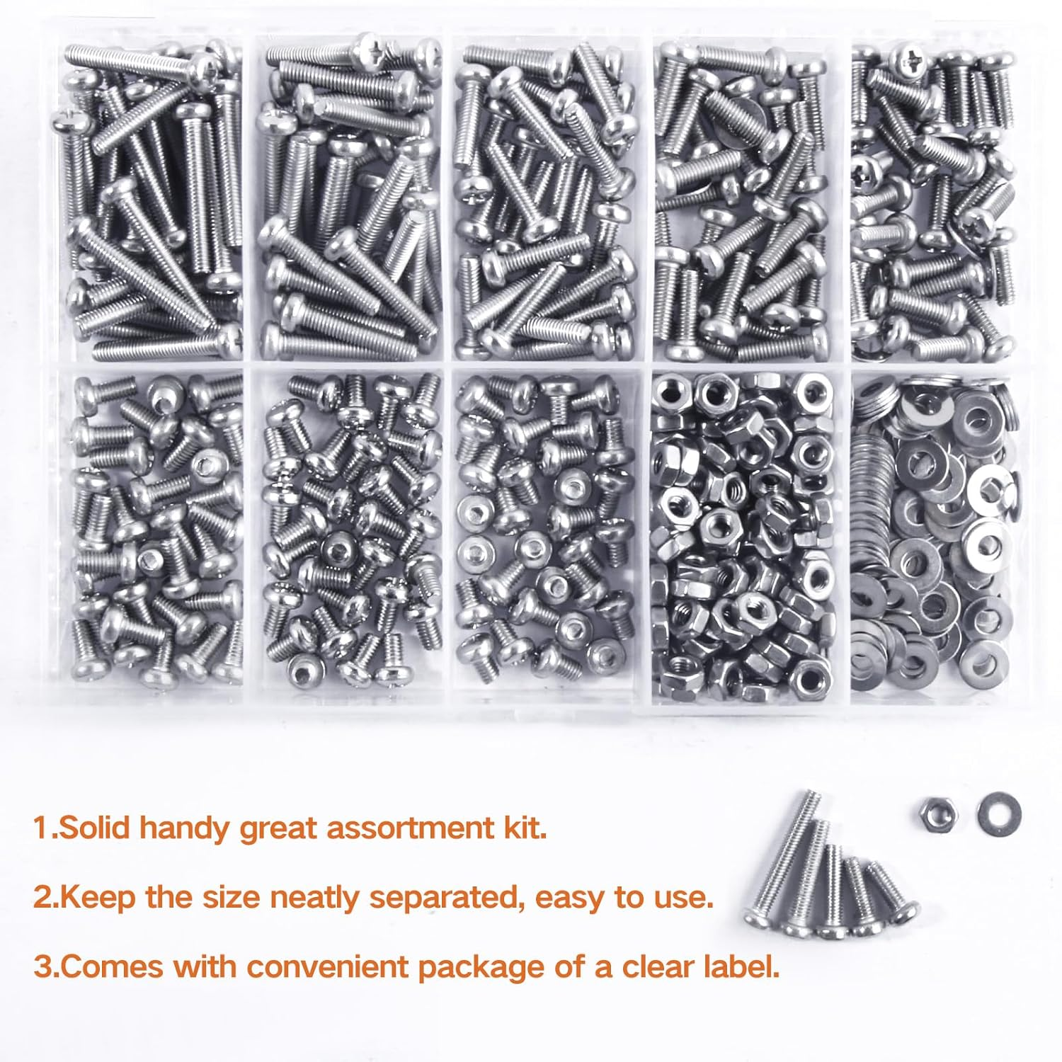 Zmbroll 550Pcs M3 Phillips Pan Head Machine Screws M3X4/5/6/8/10/12/16/20Mm Metric 304 Stainless Steel Screw Fully Thread Small Screws Fasteners Bolts Nuts and Flat Washers Assortment Kit image number 3