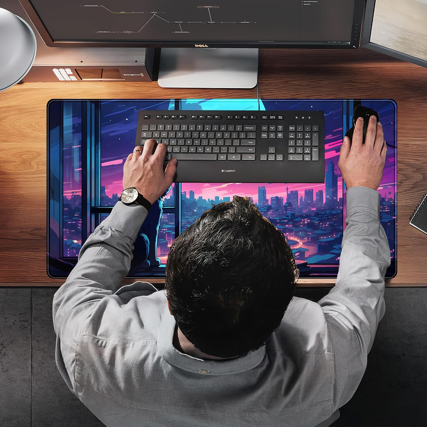 Cool Purple Kawaii Anime Moom Cat Desk Mat XXL Large Gaming Mouse Pad, Cute City Cats Desk Pad for Gamer Girl Women Office Desk Decor Mousepad, Computer Laptop Keyboard and Mouse Mat 31.5X15.75 In image number 3