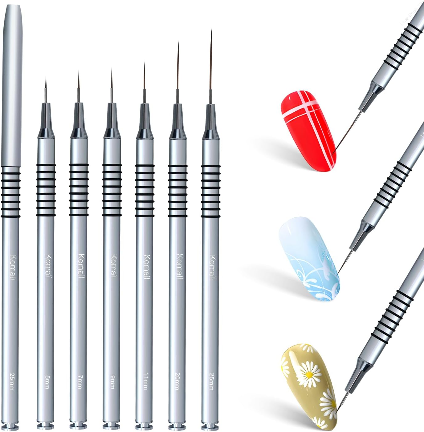 Komall Metallic Nail Art Brushes, 6Pcs Non Slip Liner Brush Set, UV Gel Polish Painting Art Design Pen for Long Lines, Thin Details, Fine Drawing Sizes 5/7/9/11/20/25Mm(Silver)