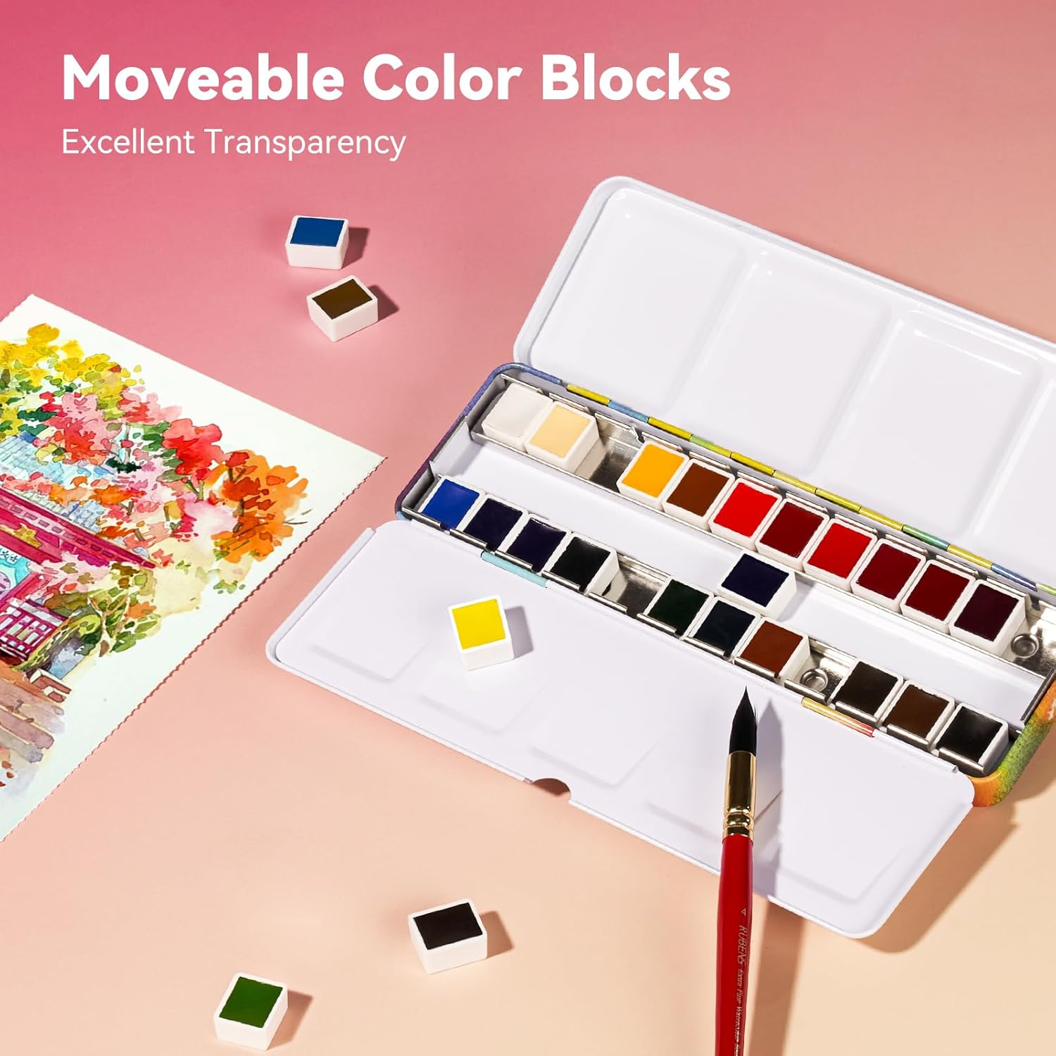 Paul Rubens Watercolor Paint Set, 24 Colors Solid Watercolor Paint, Easy to Blend and Diffuse Watercolor Palette, Compact and Portable Travel Watercolor Set Suitable for Beginners and Professionals image number 1