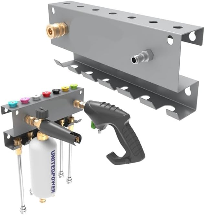 Pressure Washer Gun Holder,Metal Wall Mount Foam Cannon Holder with 0.6 Cm Quick Connector,Tool Storage Rack for Pressure Washer Wand,Nozzle Tips,Car Wash Accessories Organizer,Silver