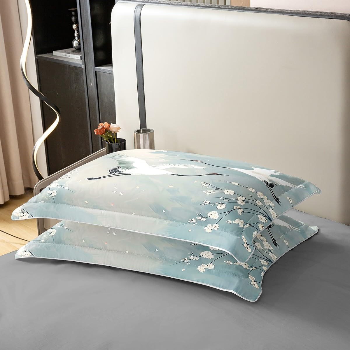 Japanese Crane 100% Cotton Duvet Cover for Children, Teenagers, Adults, Cherry Blossom Bed Linen Set, 200 X 200 Cm, Watercolour Floral Duvet Cover, Teal Gradient Bed Set with 2 Pillowcases, Bedroom image number 5