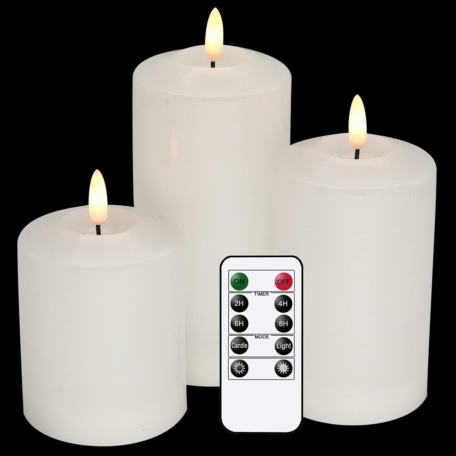 Genswin 3D Wick Flameless Flickering Candles Battery Operated with Remote Timer, Real Wax Pillar LED Votive Candles Warm Light, Set of 3 Party/Wedding/Home Decor(White, D3&rdquo; X H4.6&rdquo; 5.8&rdquo; 6.8&rdquo;) image number 2